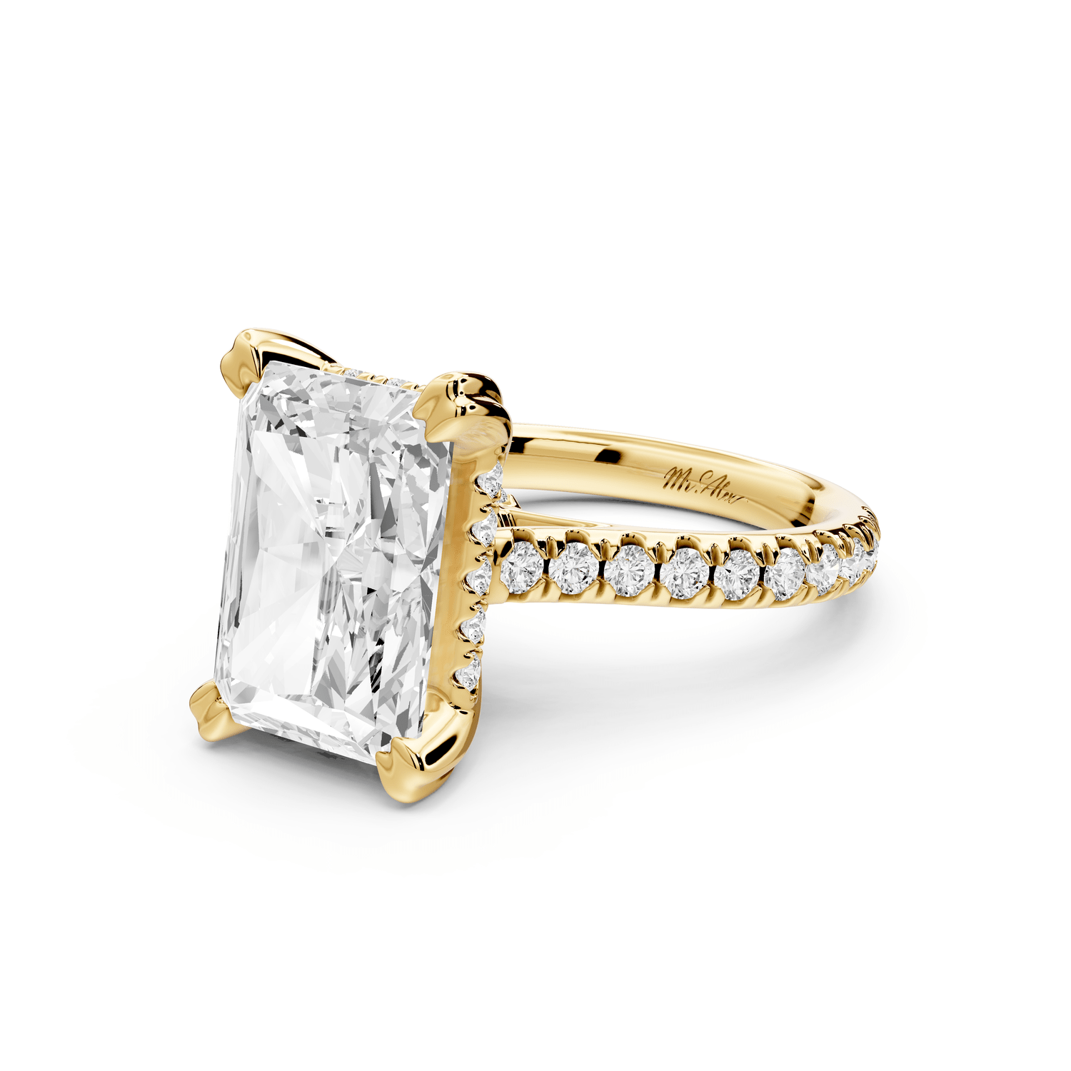 Isabella - 5ct 18k yellow gold radiant hidden halo diamond bridge cathedral pavé engagement ring - Mr. Alex Jewelry