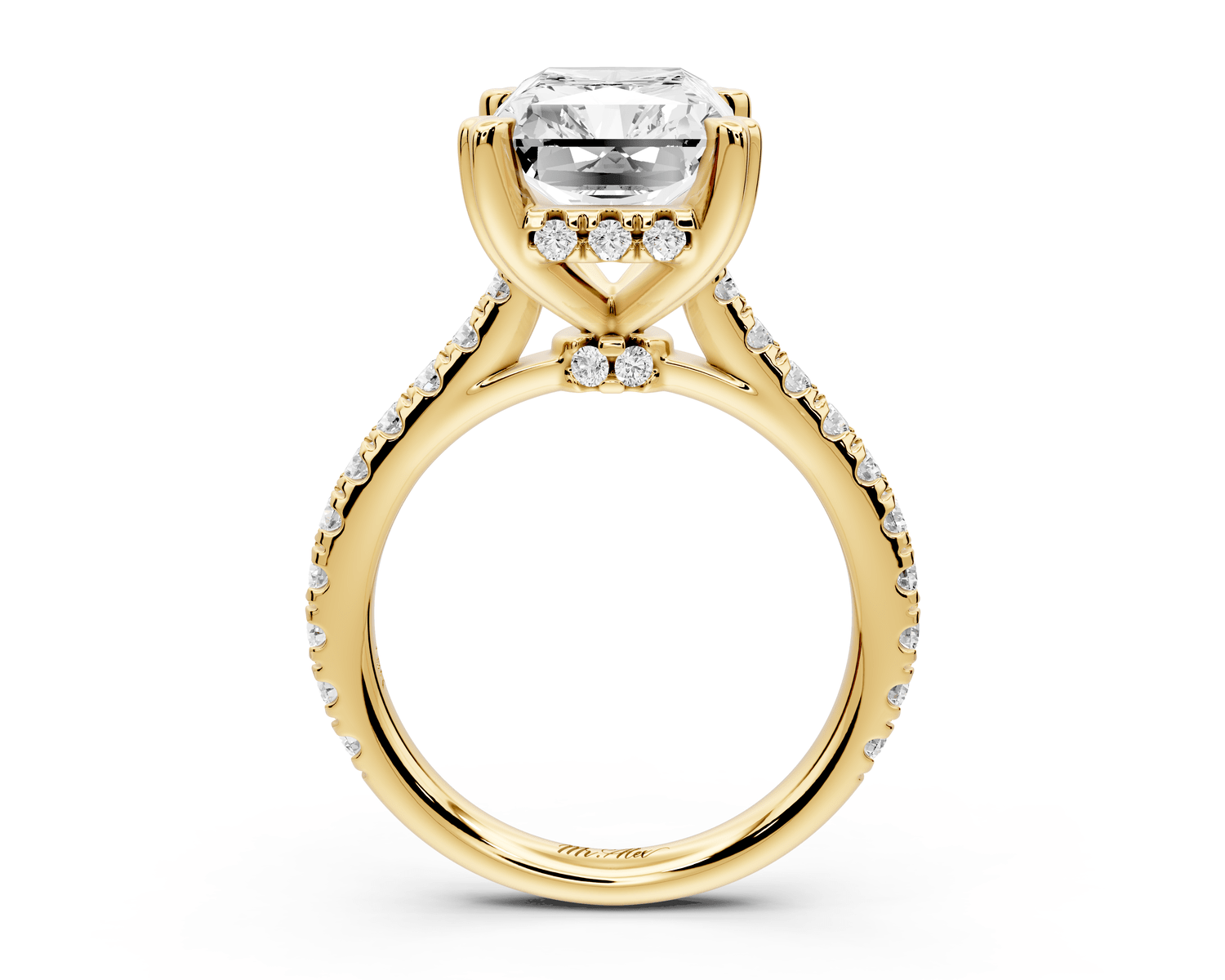 Isabella - 5ct 18k yellow gold radiant hidden halo diamond bridge cathedral pavé engagement ring - Mr. Alex Jewelry