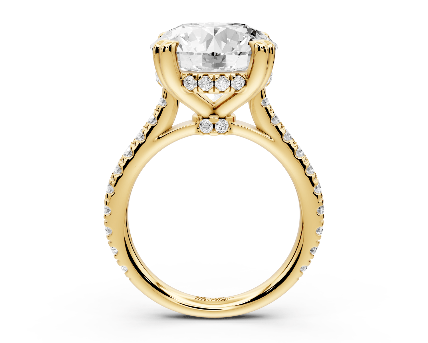 Isabella - 5ct 18k yellow gold round hidden halo diamond bridge cathedral pavé engagment ring - Mr. Alex Jewelry
