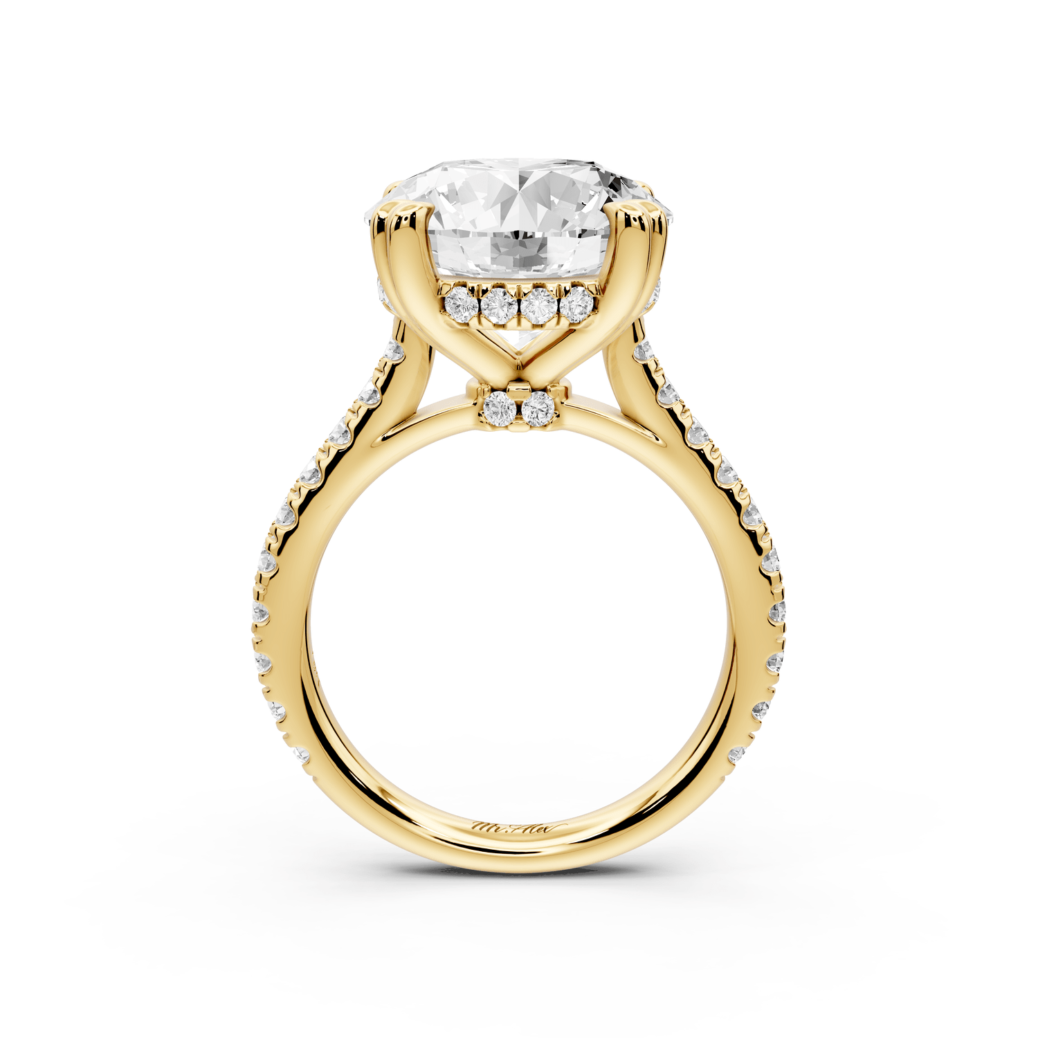 Isabella - 5ct 18k yellow gold round hidden halo diamond bridge cathedral pavé engagment ring - Mr. Alex Jewelry