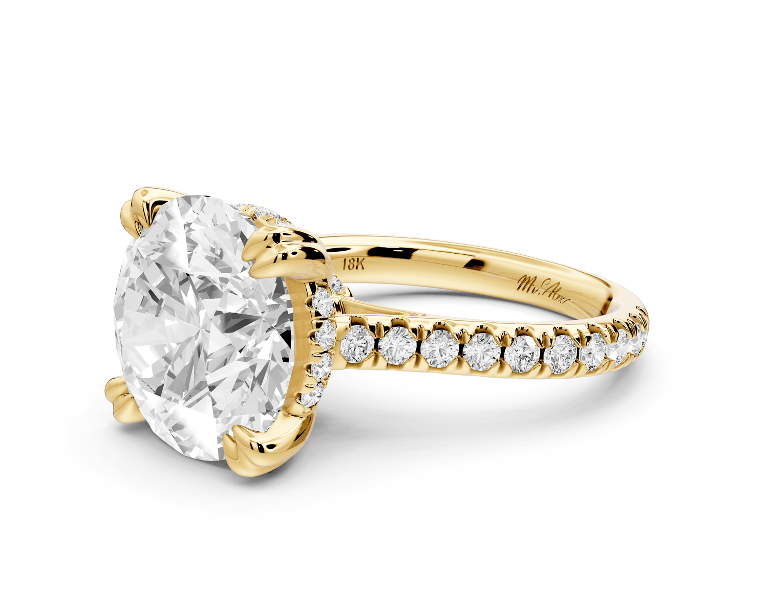 Isabella - 5ct 18k yellow gold round hidden halo diamond bridge cathedral pavé engagment ring - Mr. Alex Jewelry