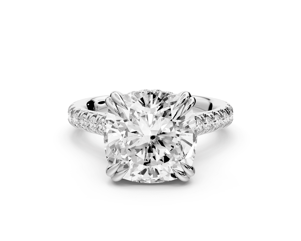 Isabella - 5ct platinum cushion hidden halo diamond bridge cathedral pavé engagement ring - Mr. Alex Jewelry