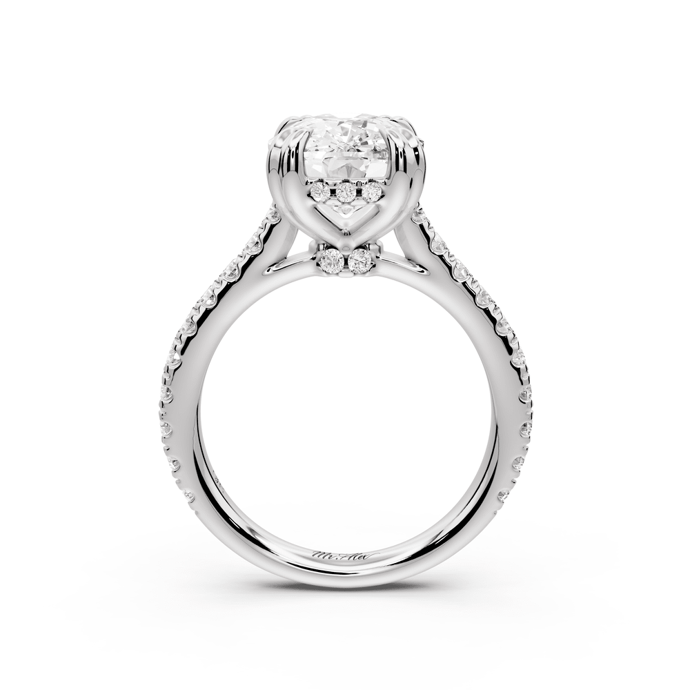 Isabella - 5ct platinum ecushion hidden halo diamond bridge cathedral pavé engagement ring - Mr. Alex Jewelry