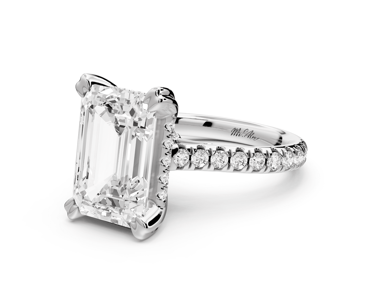 Isabella - 5ct platinum emerald hidden halo diamond bridge cathedral pavé Engagement ring - Mr. Alex Jewelry