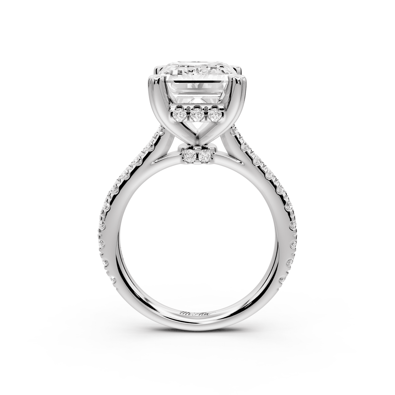Isabella - 5ct platinum emerald hidden halo diamond bridge cathedral pavé Engagement ring - Mr. Alex Jewelry