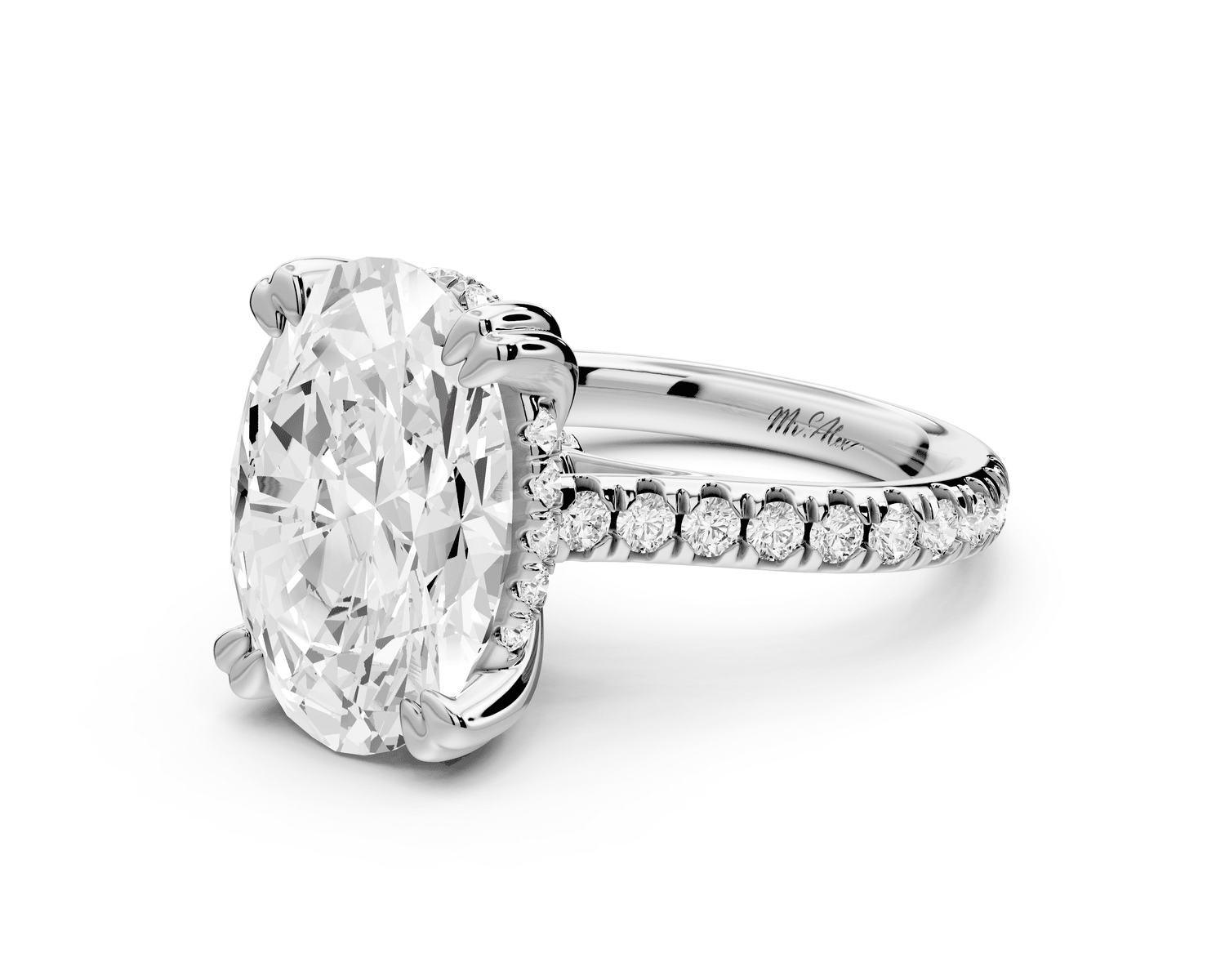 Isabella - 5ct platinum oval hidden halo diamond bridge cathedral pavé Engagement ring - Mr. Alex Jewelry