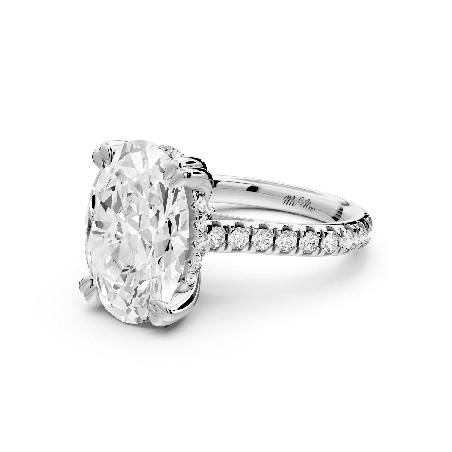 Isabella - 5ct platinum oval hidden halo diamond bridge cathedral pavé Engagement ring - Mr. Alex Jewelry