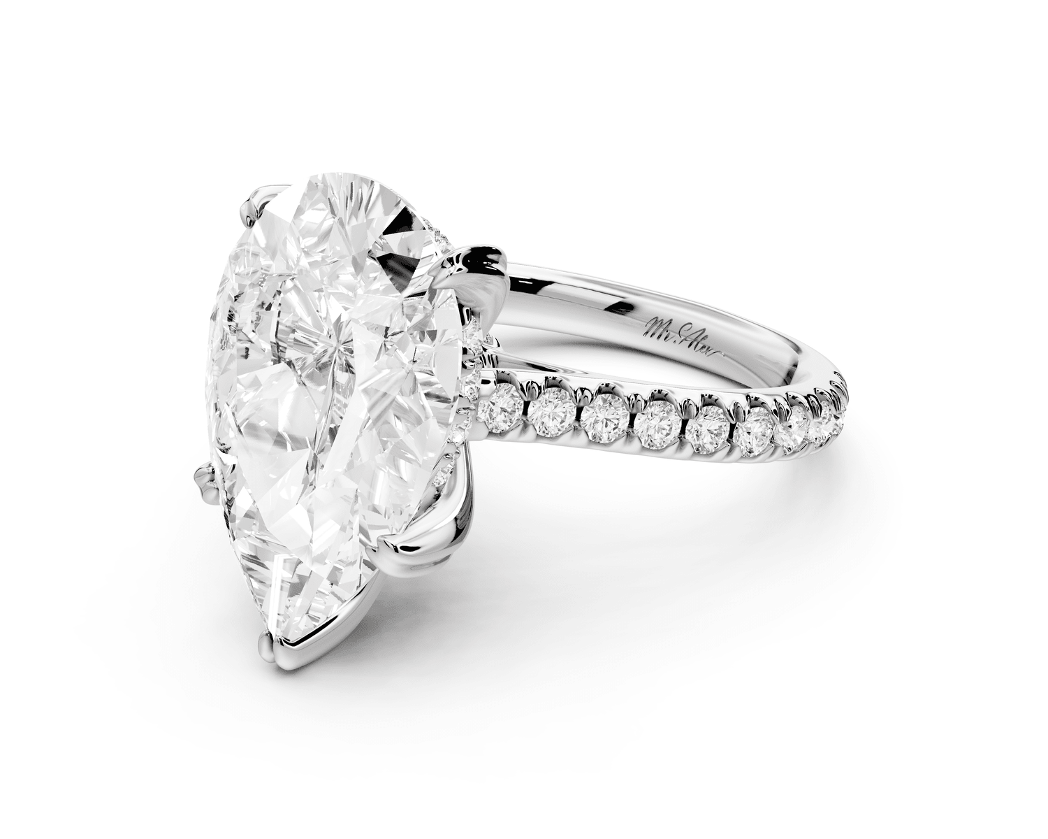 Isabella - 5ct platinum pear hidden halo diamond bridge cathedral pavé Engagement ring - Mr. Alex Jewelry