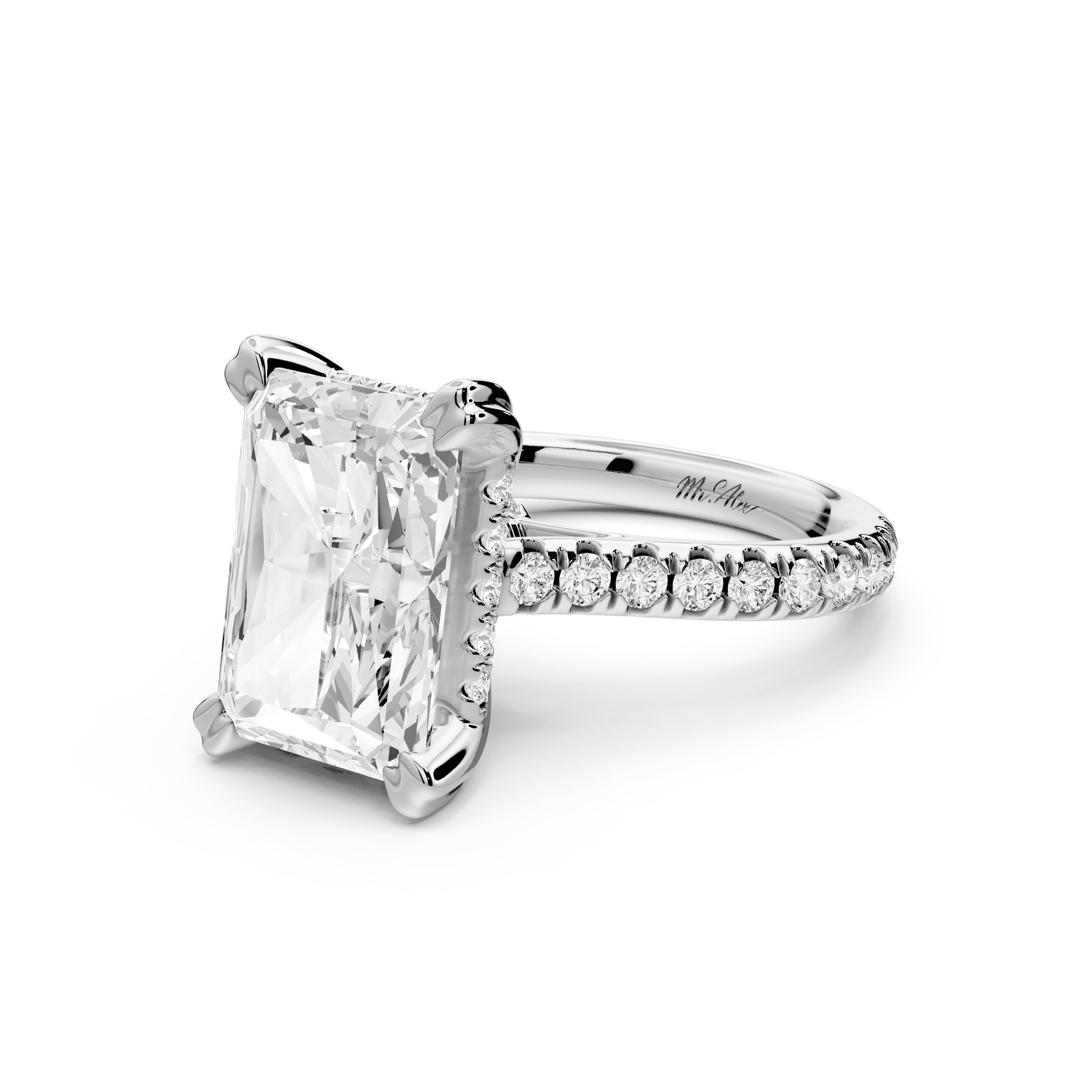 Isabella - 5ct platinum radiant hidden halo diamond bridge cathedral pavé engagement ring - Mr. Alex Jewelry