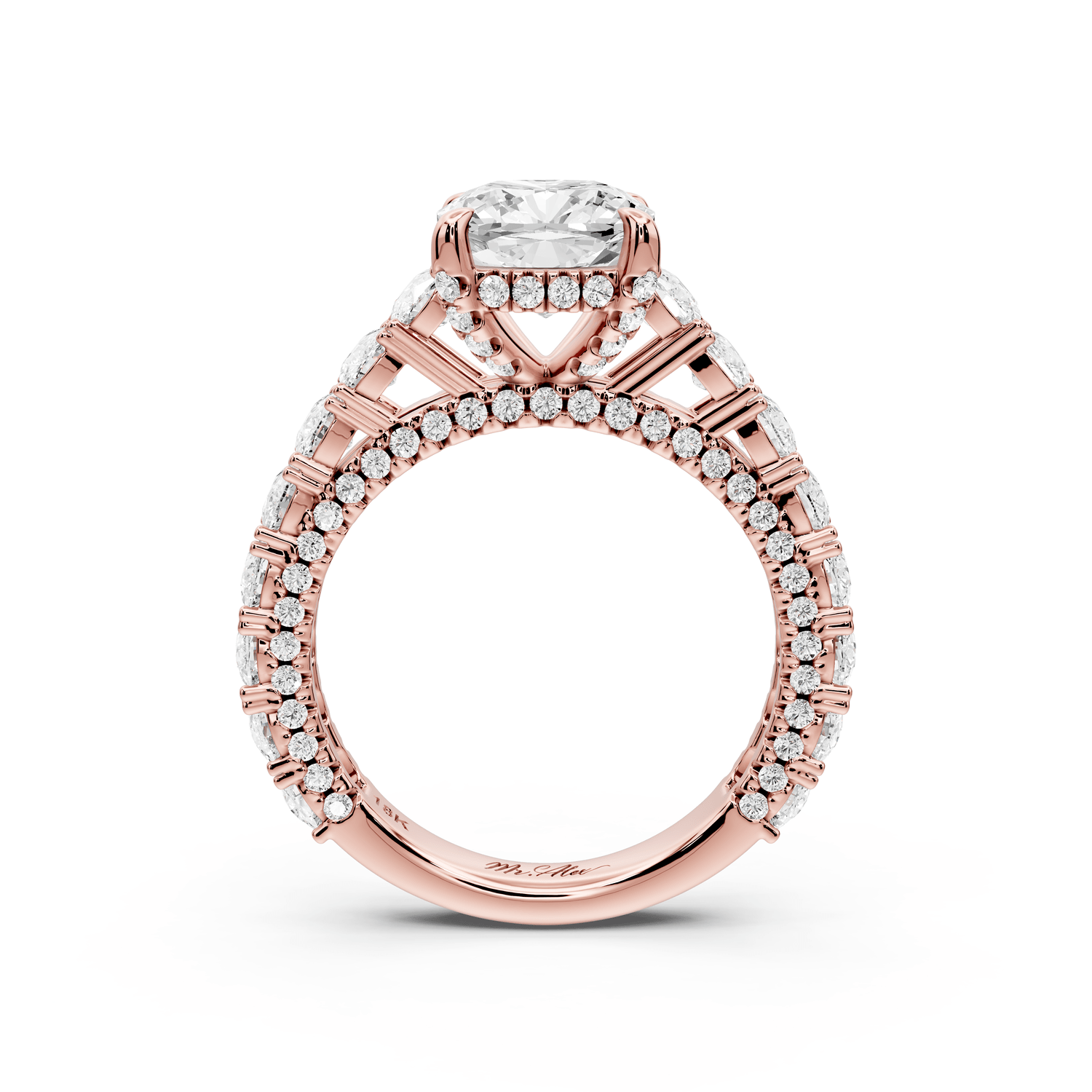 Ivy - 2ct 14k rose gold cushion Diamond Crown Cathedral Rollover Pavé Engagement Ring - Mr. Alex Jewelry