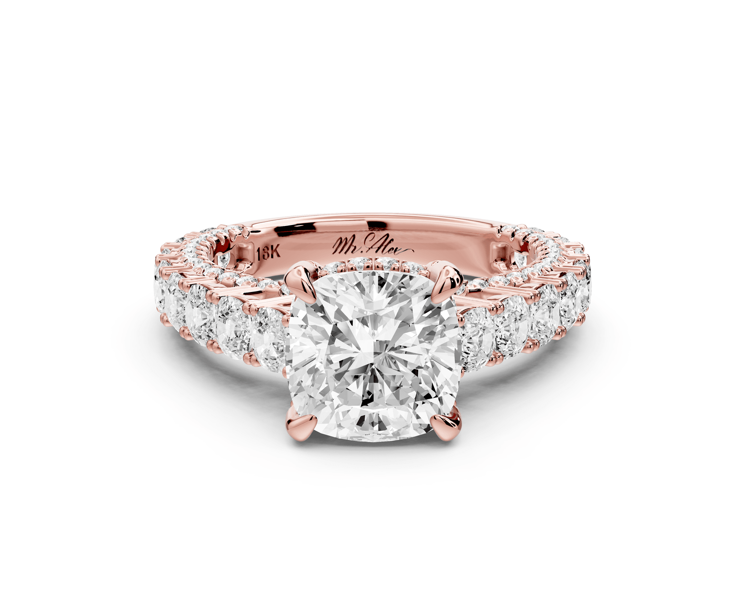 Ivy - 2ct 14k rose gold cushion Diamond Crown Cathedral Rollover Pavé Engagement Ring - Mr. Alex Jewelry