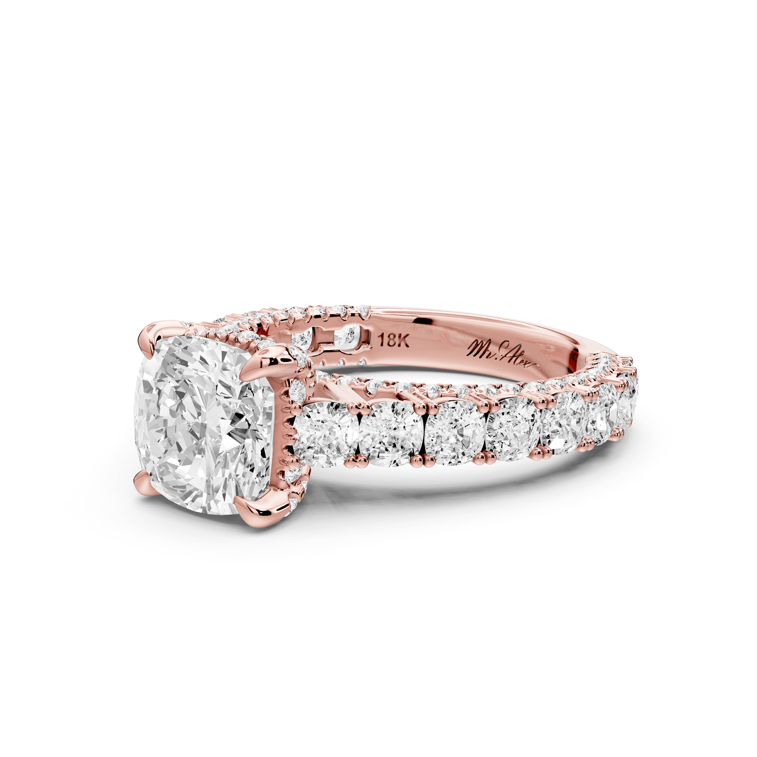 Ivy - 2ct 14k rose gold cushion Diamond Crown Cathedral Rollover Pavé Engagement Ring - Mr. Alex Jewelry