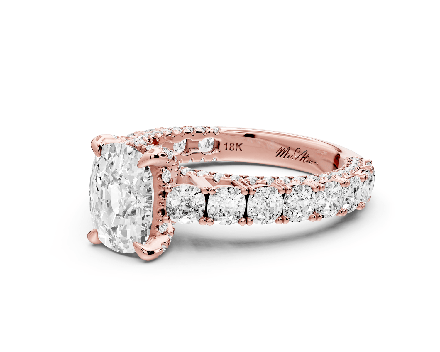 Ivy - 2ct 14k rose gold ecushion Diamond Crown Cathedral Rollover Pavé Engagement Ring - Mr. Alex Jewelry