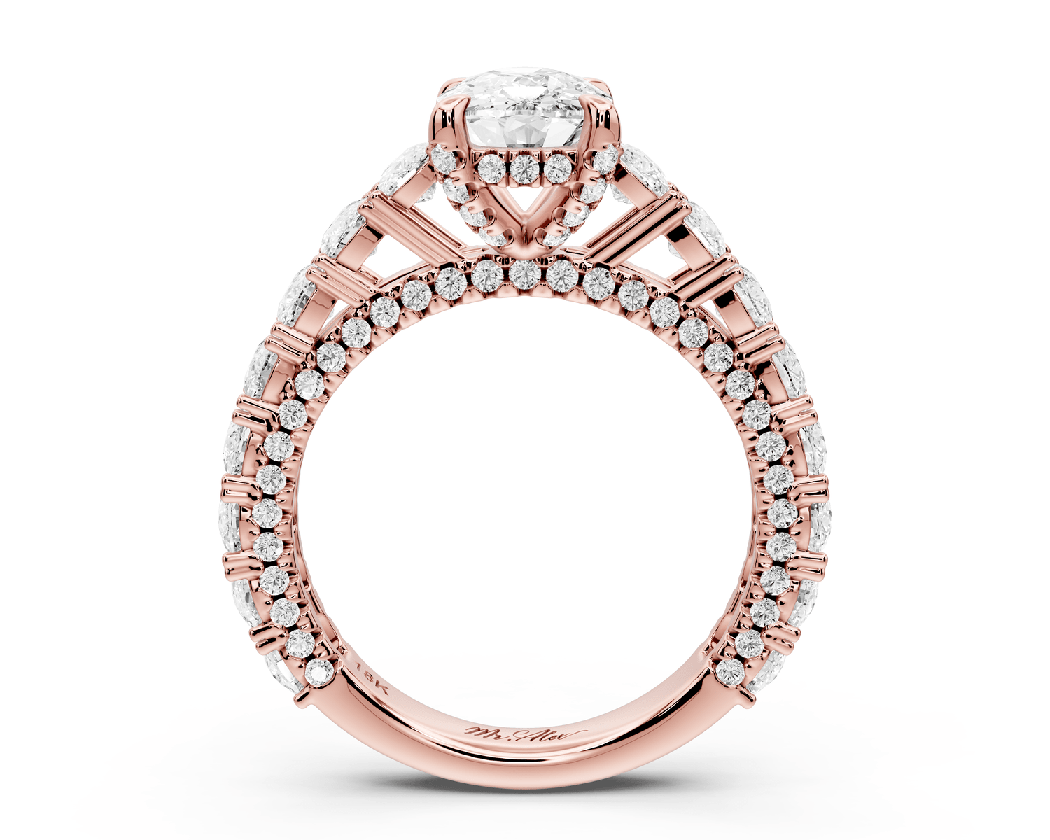 Ivy - 2ct 14k rose gold ecushion Diamond Crown Cathedral Rollover Pavé Engagement Ring - Mr. Alex Jewelry