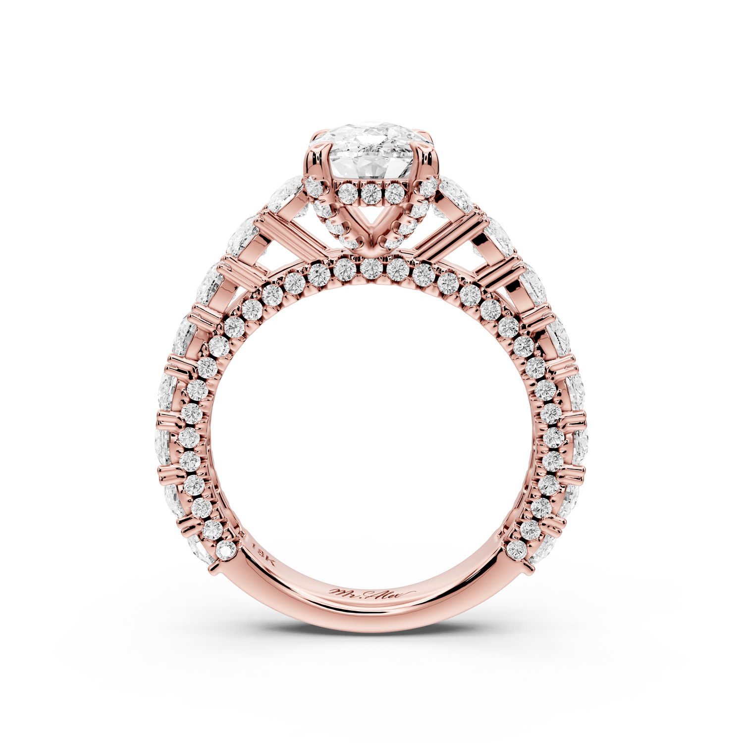 Ivy - 2ct 14k rose gold ecushion Diamond Crown Cathedral Rollover Pavé Engagement Ring - Mr. Alex Jewelry
