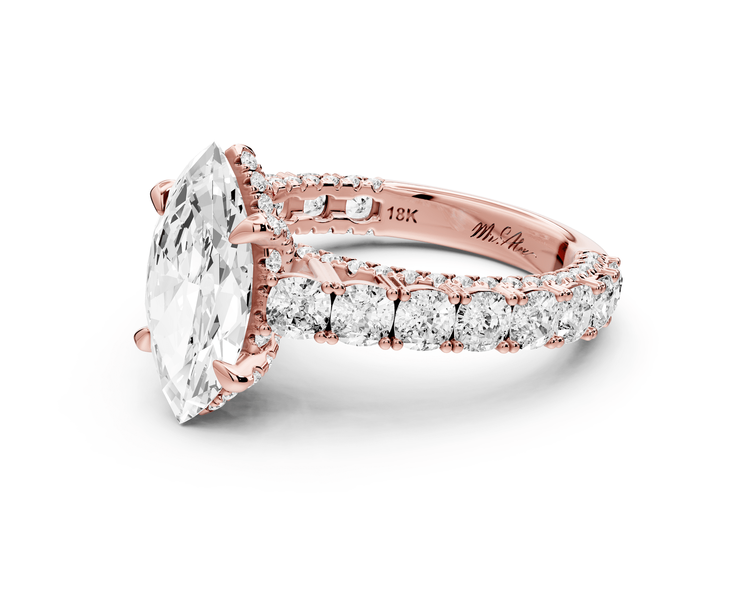 Ivy - 2ct 14k rose gold marquise Diamond Crown Cathedral Rollover Pavé Engagement Ring - Mr. Alex Jewelry