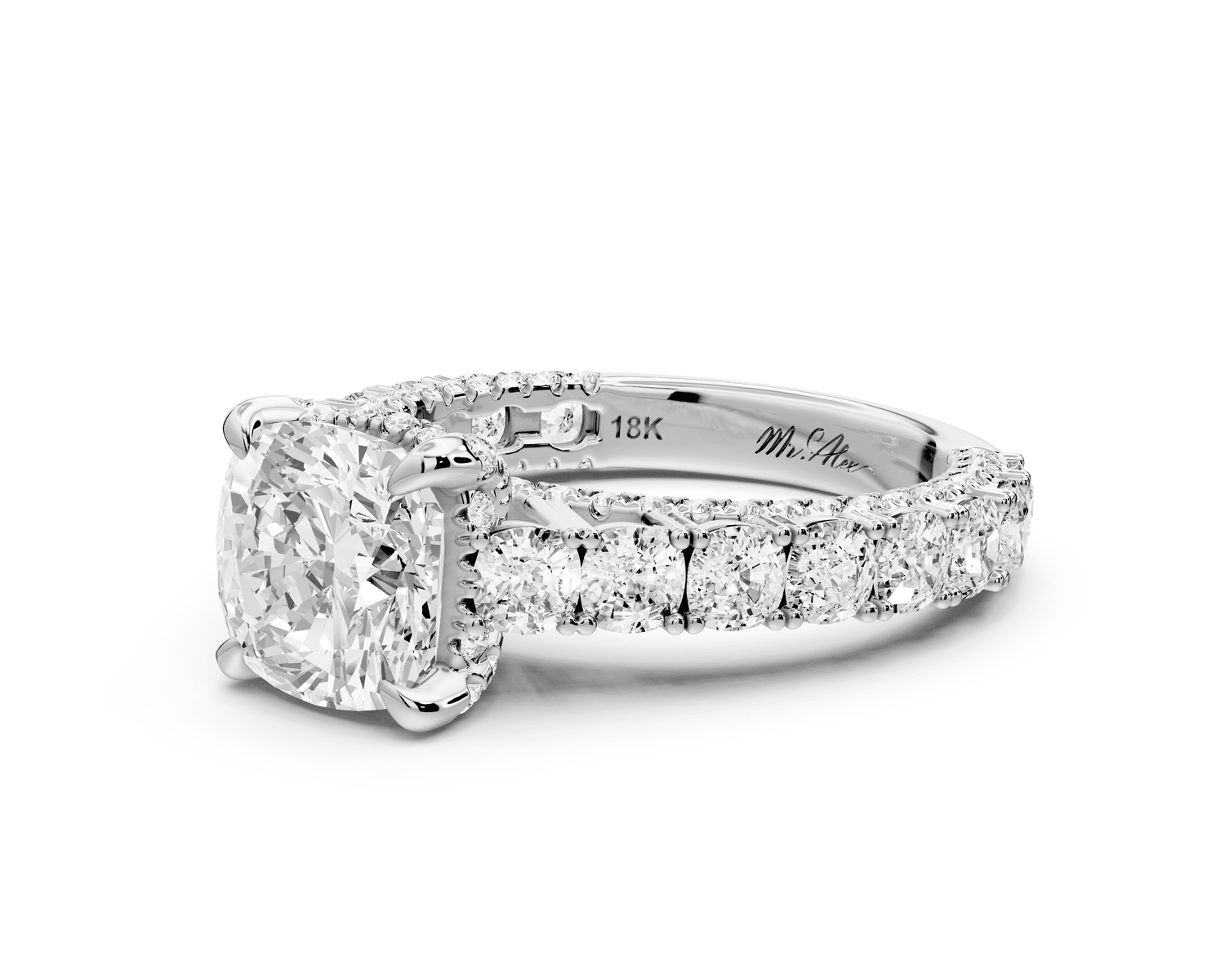 Ivy - 2ct 14k white gold cushion Diamond Crown Cathedral Rollover Pavé Engagement Ring - Mr. Alex Jewelry