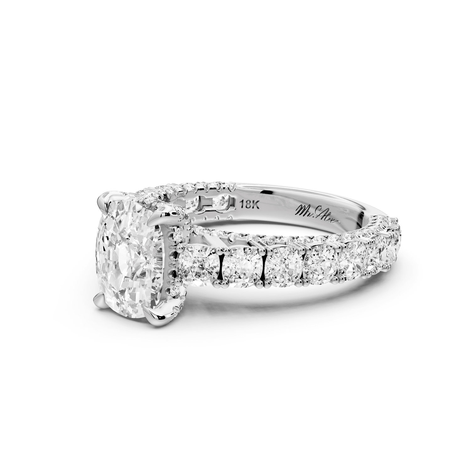 Ivy - 2ct 14k white gold ecushion Diamond Crown Cathedral Rollover Pavé Engagement Ring - Mr. Alex Jewelry