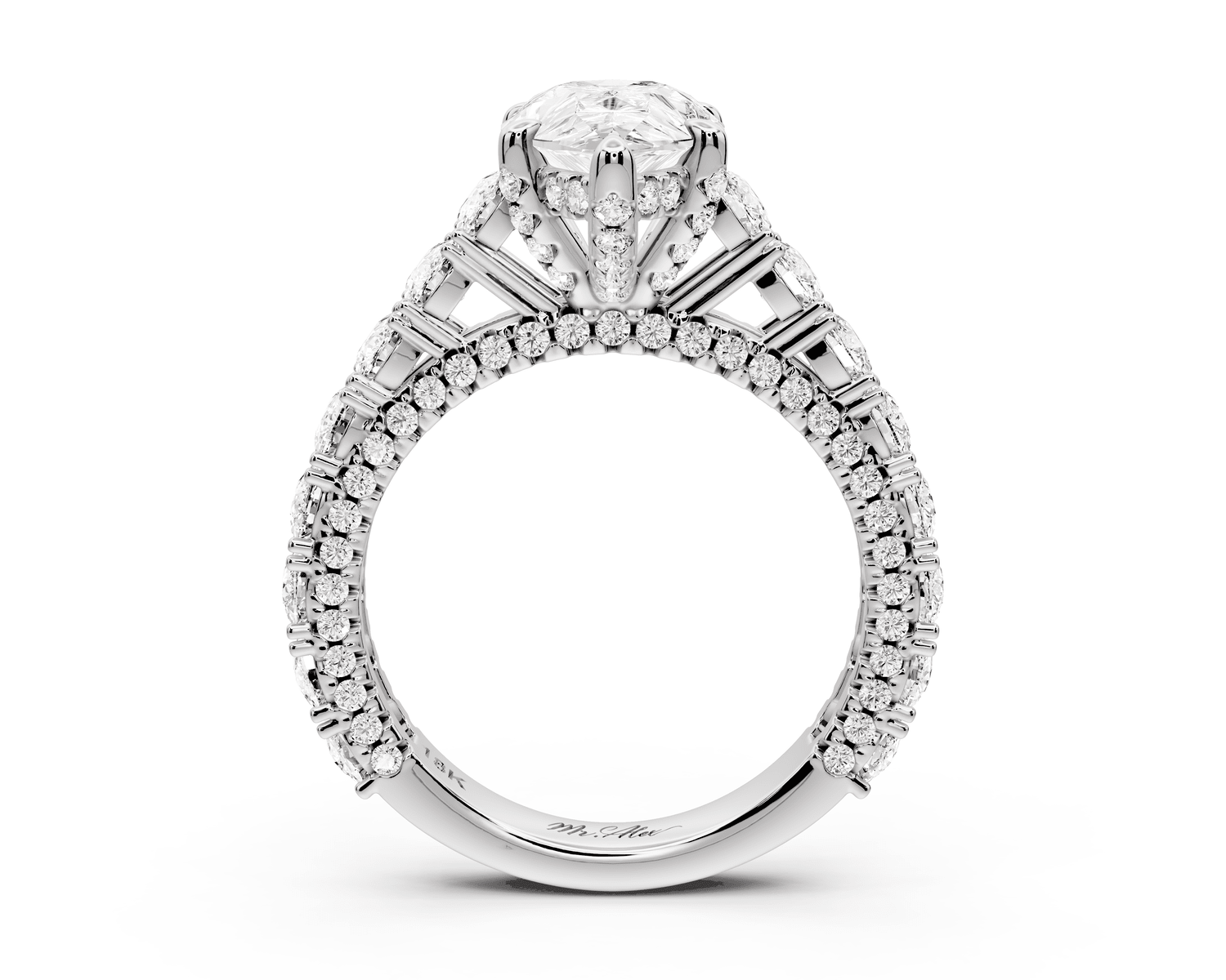Ivy - 2ct 14k white gold pear Diamond Crown Cathedral Rollover Pavé Engagement Ring - Mr. Alex Jewelry