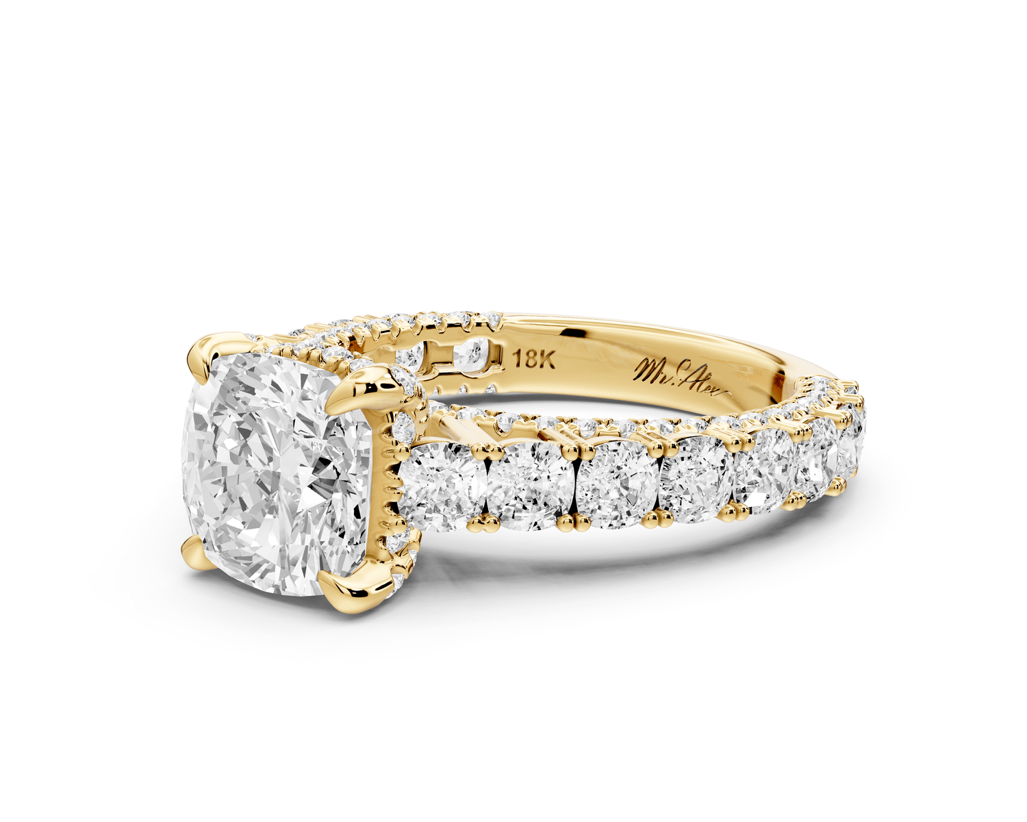Ivy - 2ct 14k yellow gold cushion Diamond Crown Cathedral Rollover Pavé Engagement Ring - Mr. Alex Jewelry