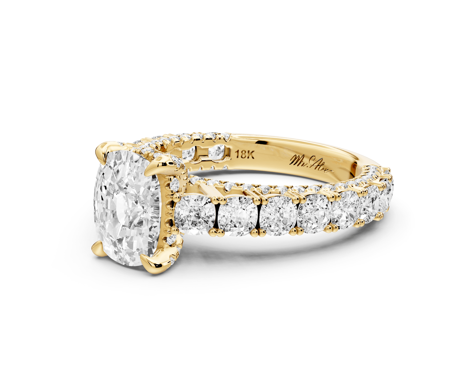Ivy - 2ct 14k yellow gold ecushion Diamond Crown Cathedral Rollover Pavé Engagement Ring - Mr. Alex Jewelry