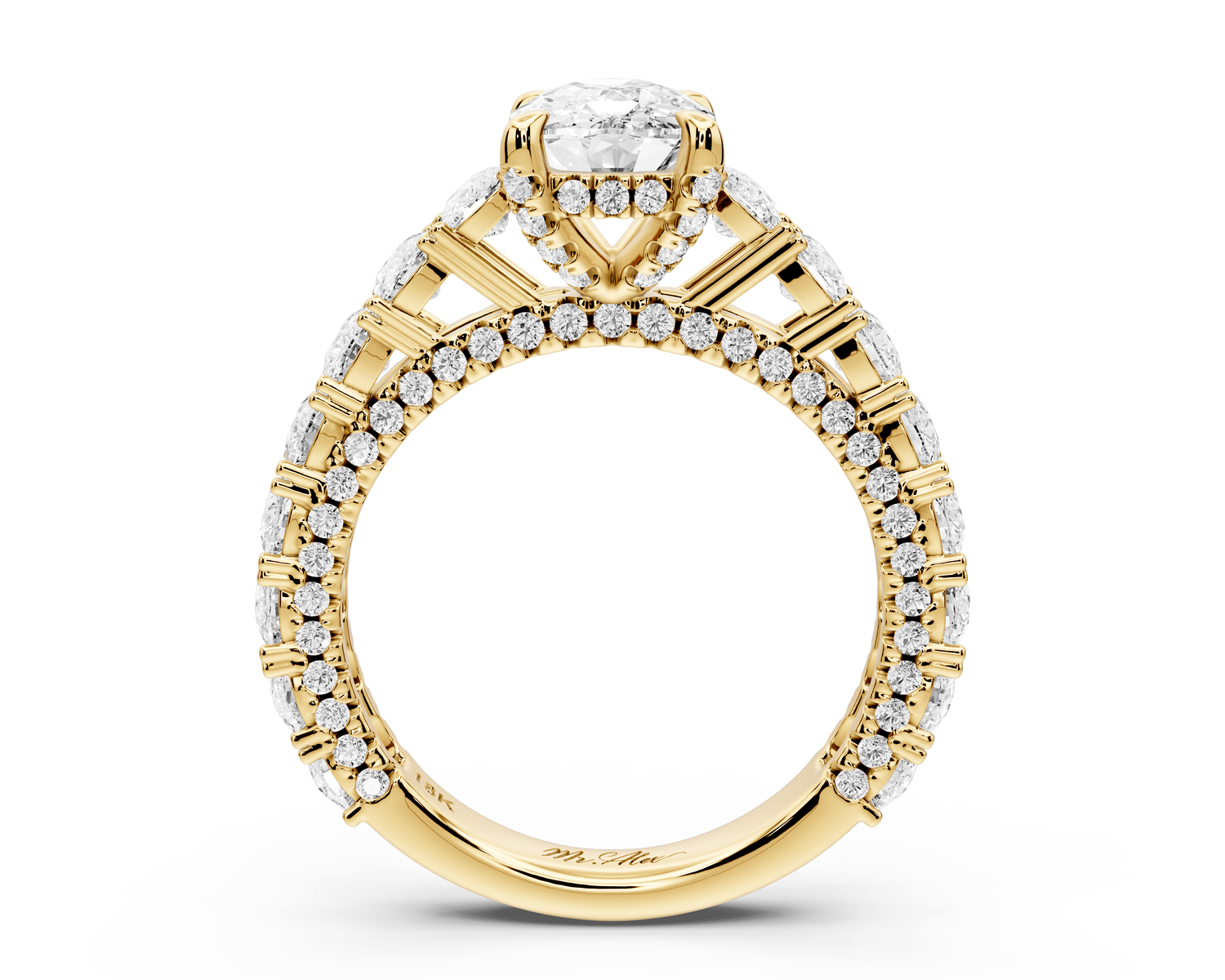 Ivy - 2ct 14k yellow gold ecushion Diamond Crown Cathedral Rollover Pavé Engagement Ring - Mr. Alex Jewelry
