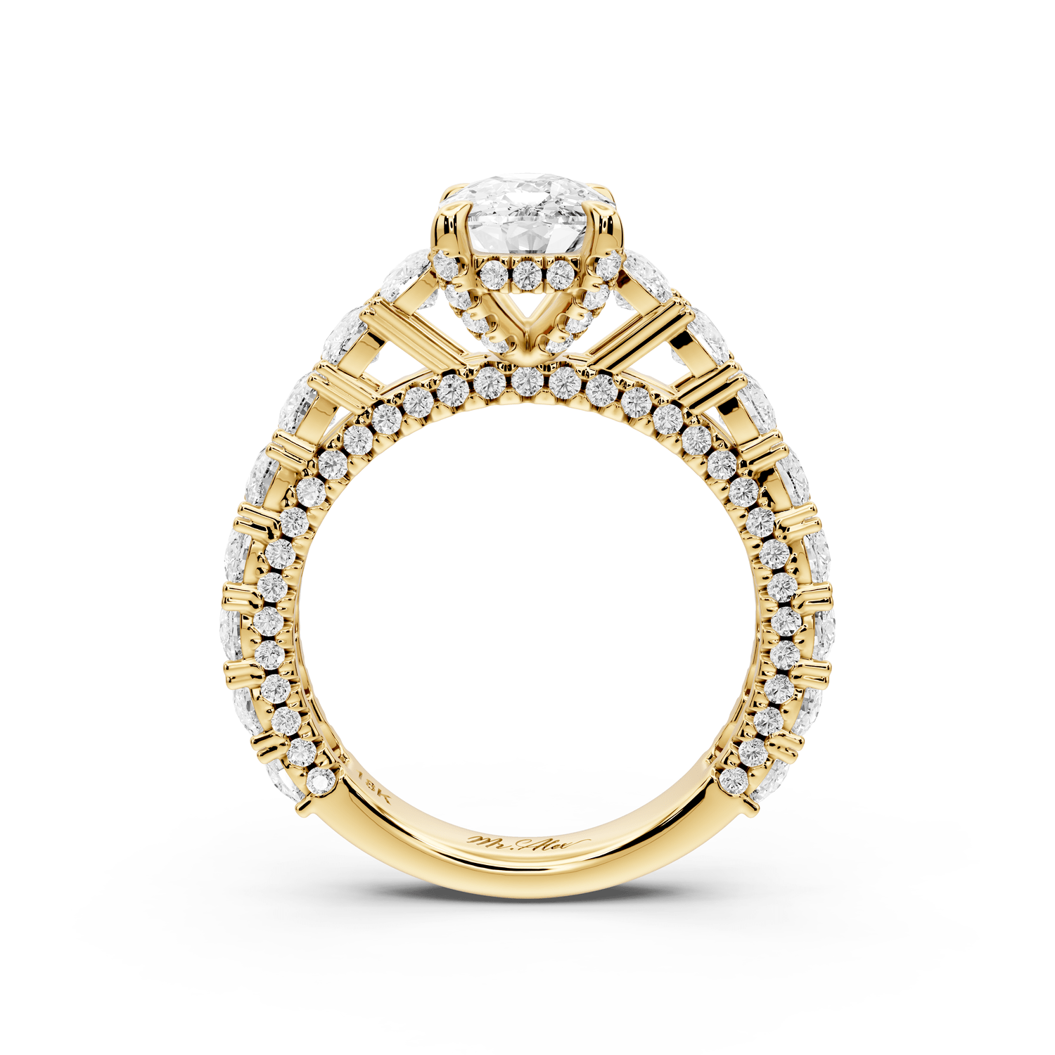 Ivy - 2ct 14k yellow gold ecushion Diamond Crown Cathedral Rollover Pavé Engagement Ring - Mr. Alex Jewelry