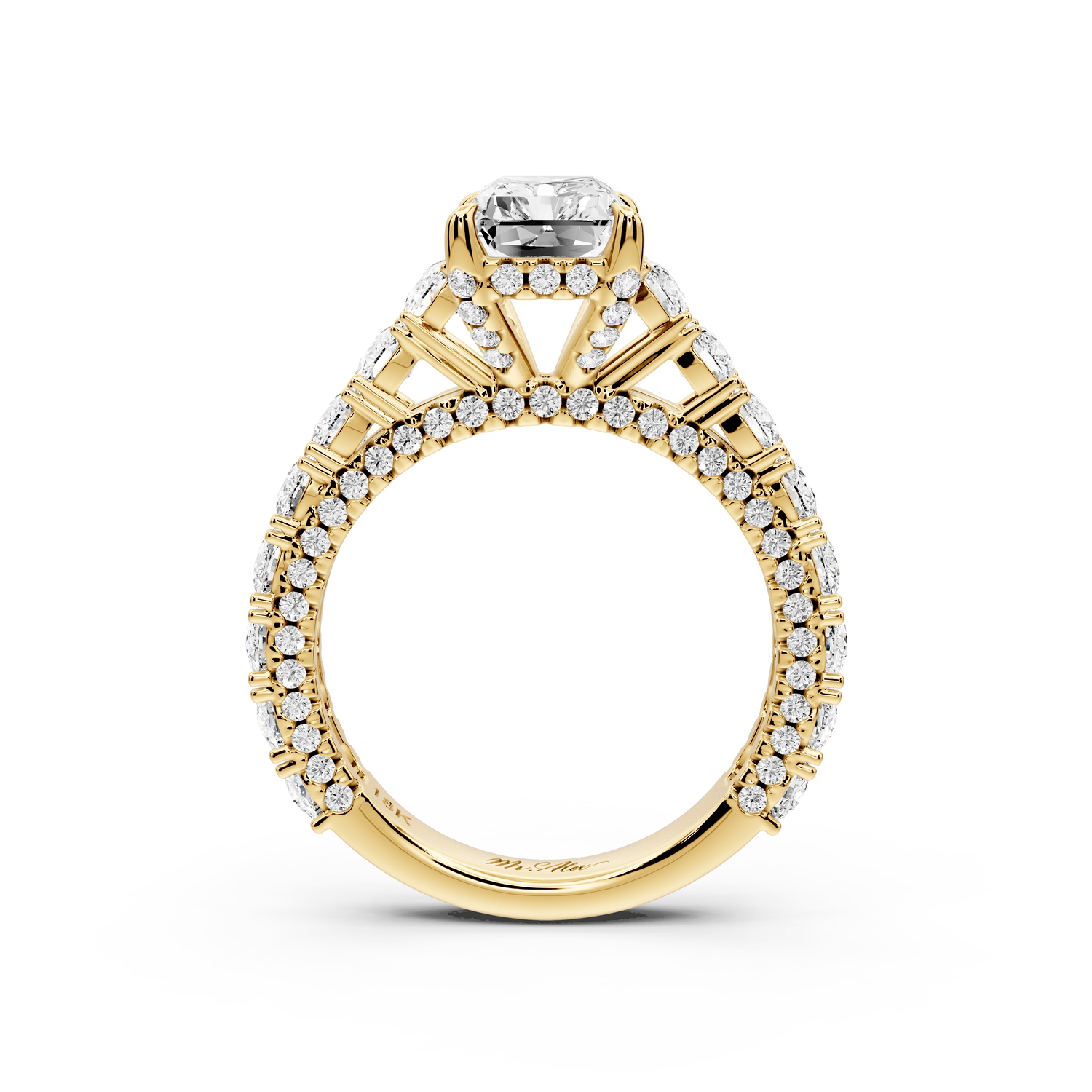 Ivy - 2ct 14k yellow gold radiant Diamond Crown Cathedral Rollover Pavé Engagement Ring - Mr. Alex Jewelry