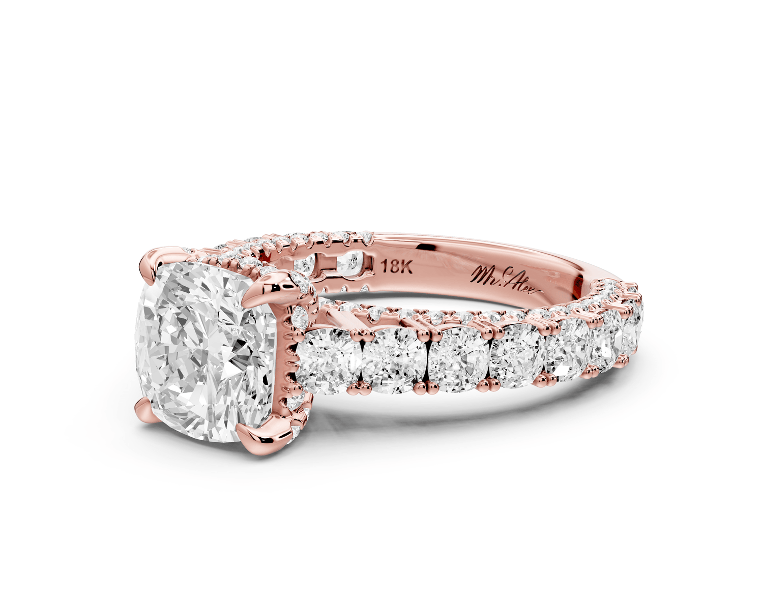 Ivy - 2ct 18k rose gold cushion Diamond Crown Cathedral Rollover Pavé Engagement Ring - Mr. Alex Jewelry