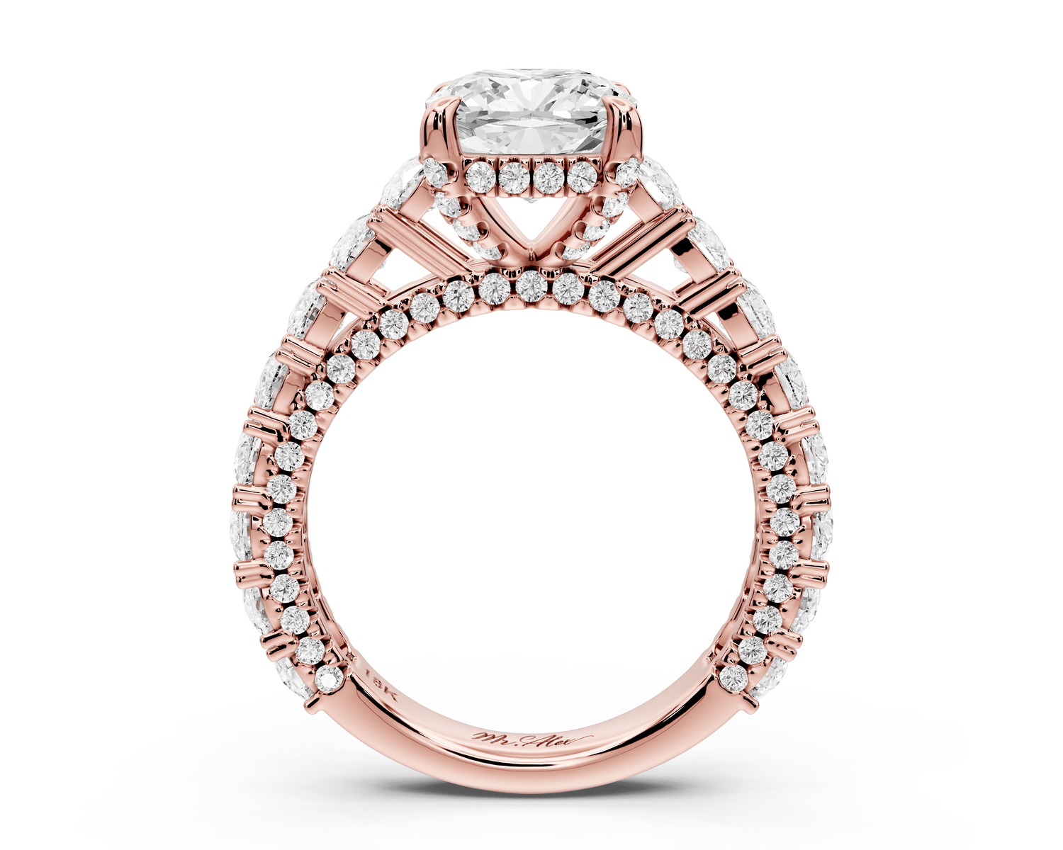 Ivy - 2ct 18k rose gold cushion Diamond Crown Cathedral Rollover Pavé Engagement Ring - Mr. Alex Jewelry