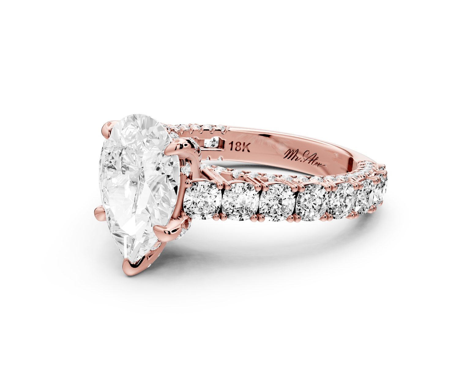 Ivy - 2ct 18k rose gold pear Diamond Crown Cathedral Rollover Pavé Engagement Ring - Mr. Alex Jewelry
