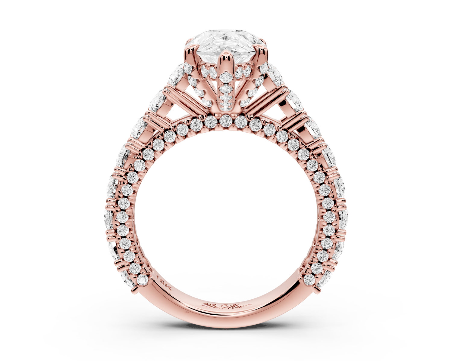 Ivy - 2ct 18k rose gold pear Diamond Crown Cathedral Rollover Pavé Engagement Ring - Mr. Alex Jewelry