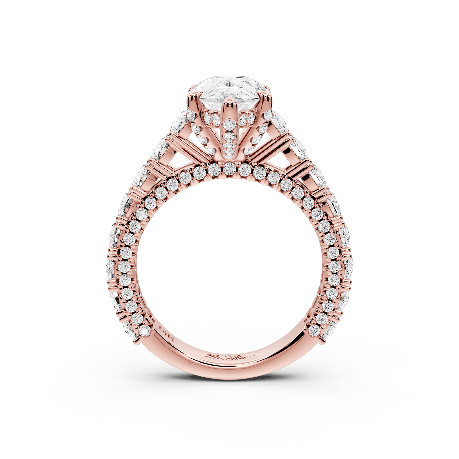 Ivy - 2ct 18k rose gold pear Diamond Crown Cathedral Rollover Pavé Engagement Ring - Mr. Alex Jewelry