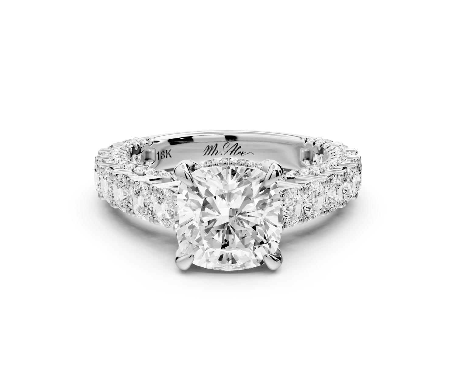 Ivy - 2ct 18k white gold cushion Diamond Crown Cathedral Rollover Pavé Engagement Ring - Mr. Alex Jewelry