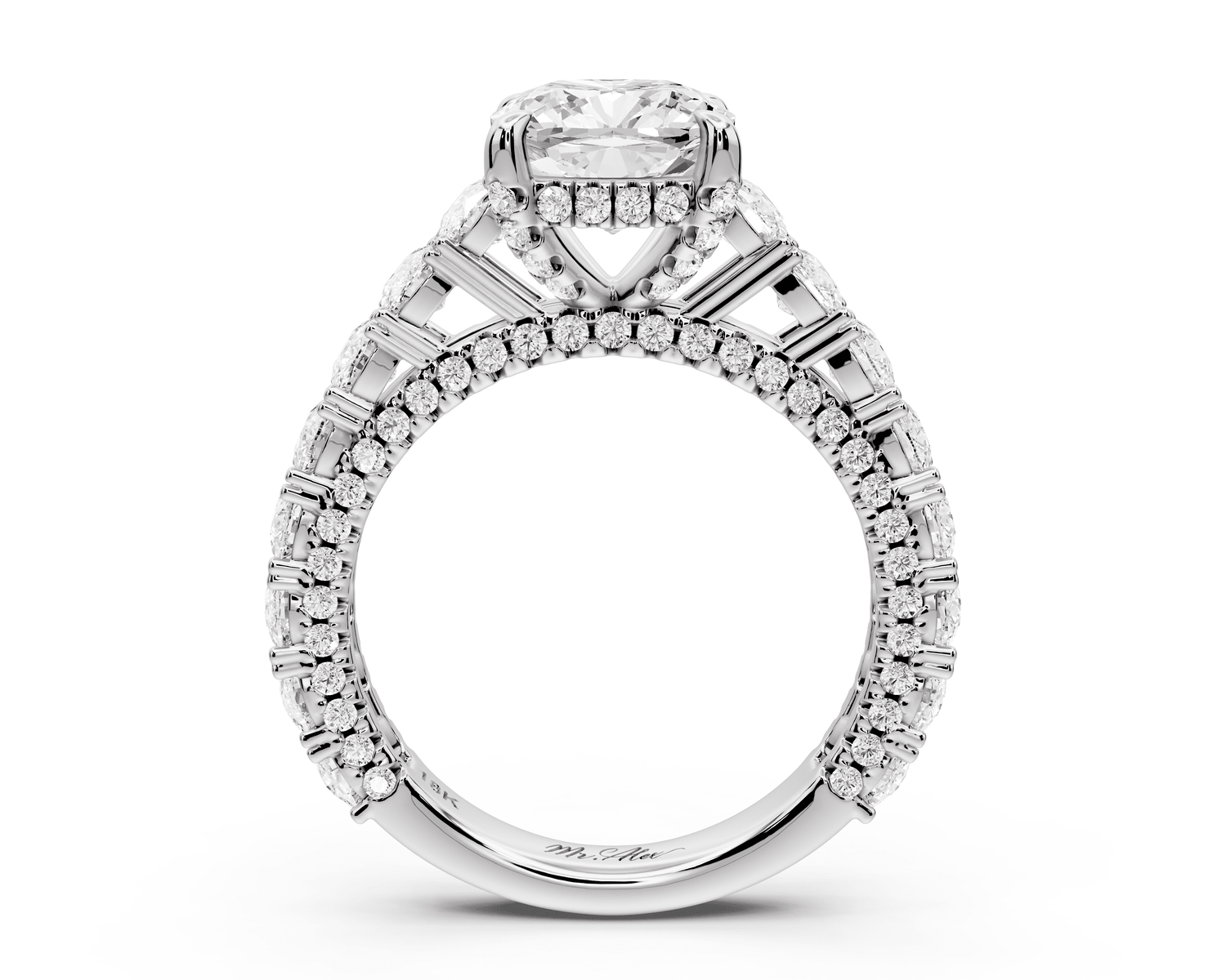Ivy - 2ct 18k white gold cushion Diamond Crown Cathedral Rollover Pavé Engagement Ring - Mr. Alex Jewelry