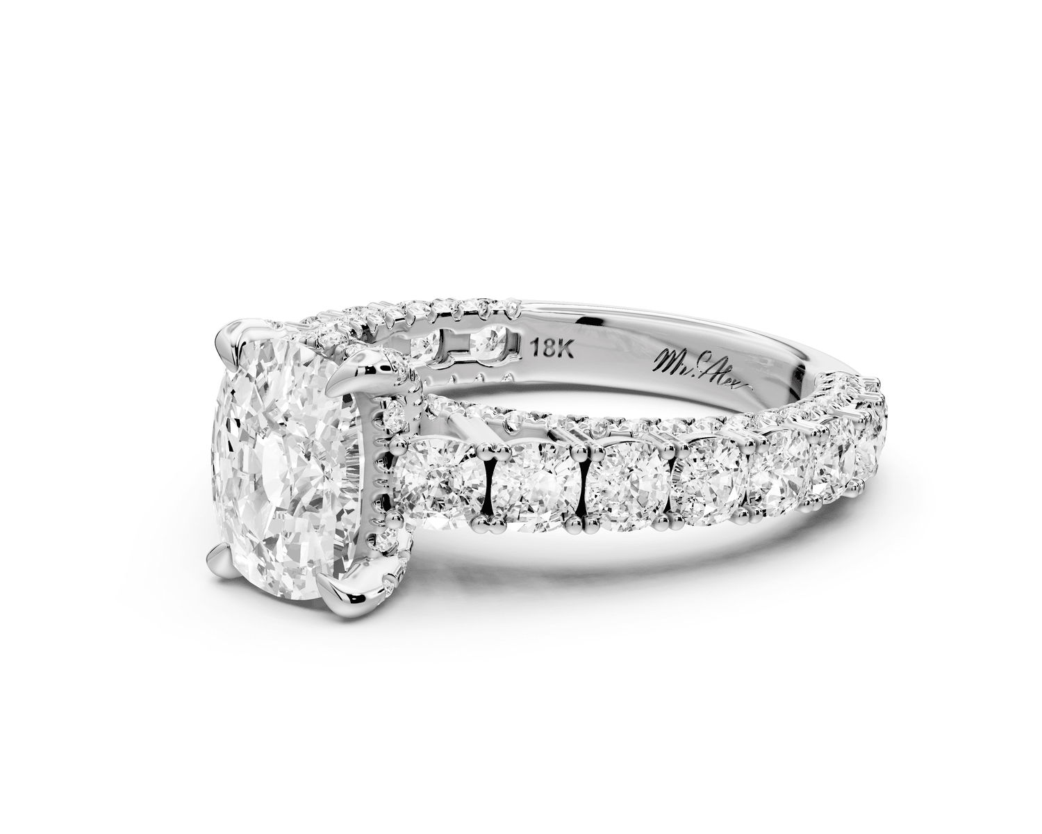 Ivy - 2ct 18k white gold ecushion Diamond Crown Cathedral Rollover Pavé Engagement Ring - Mr. Alex Jewelry