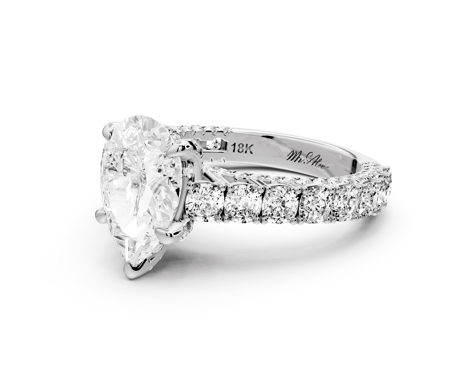 Ivy - 2ct 18k white gold pear Diamond Crown Cathedral Rollover Pavé Engagement Ring - Mr. Alex Jewelry