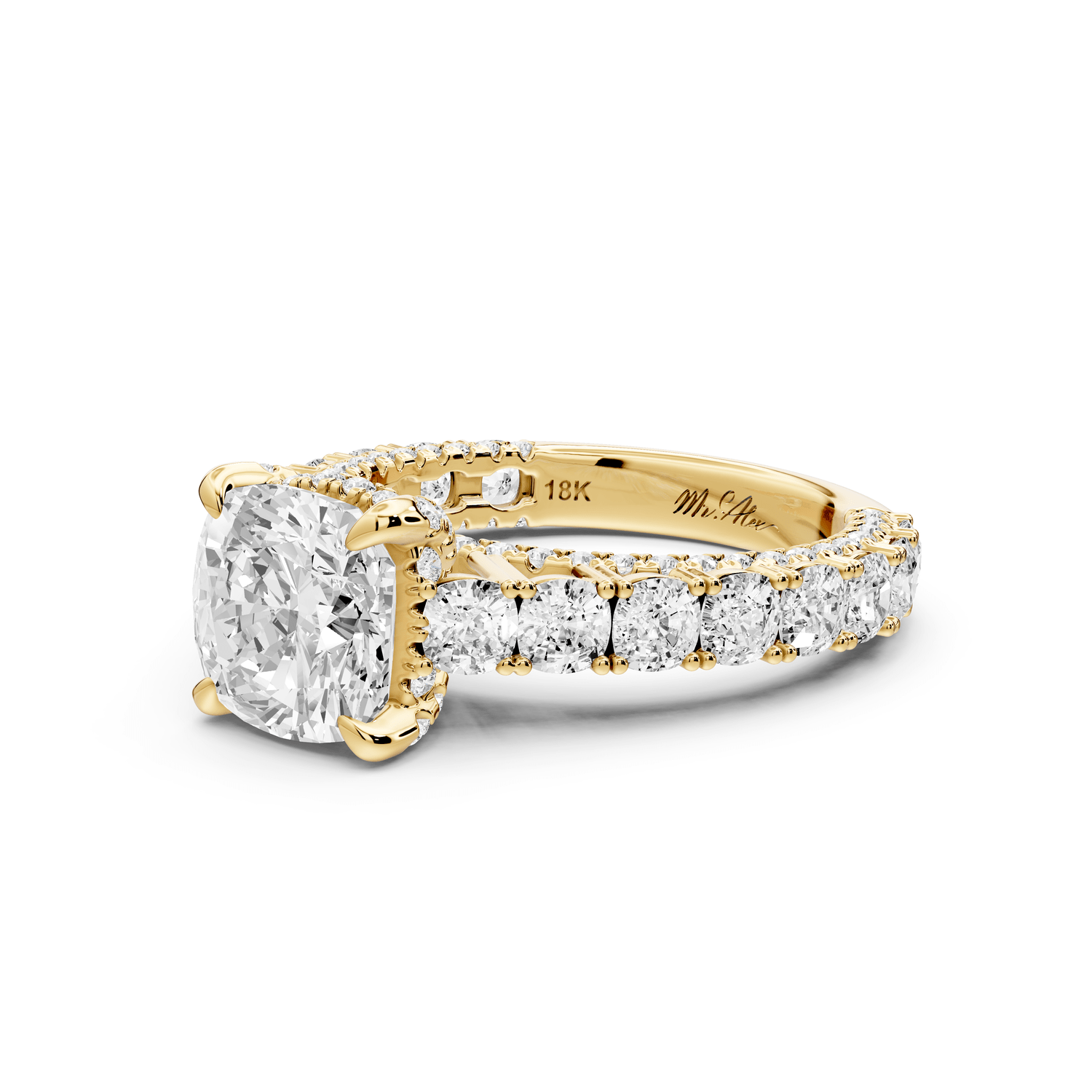 Ivy - 2ct 18k yellow gold cushion Diamond Crown Cathedral Rollover Pavé Engagement Ring - Mr. Alex Jewelry