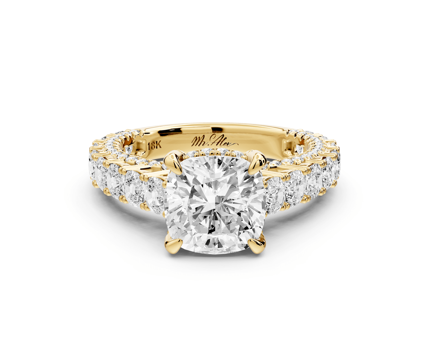 Ivy - 2ct 18k yellow gold cushion Diamond Crown Cathedral Rollover Pavé Engagement Ring - Mr. Alex Jewelry
