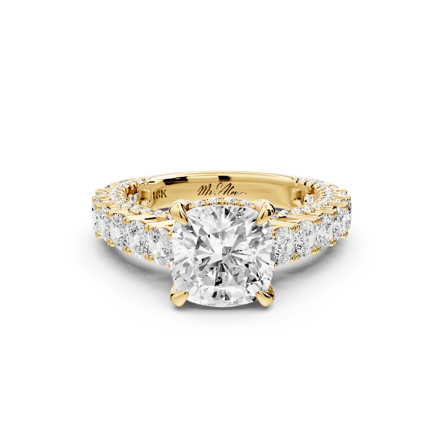 Ivy - 2ct 18k yellow gold cushion Diamond Crown Cathedral Rollover Pavé Engagement Ring - Mr. Alex Jewelry