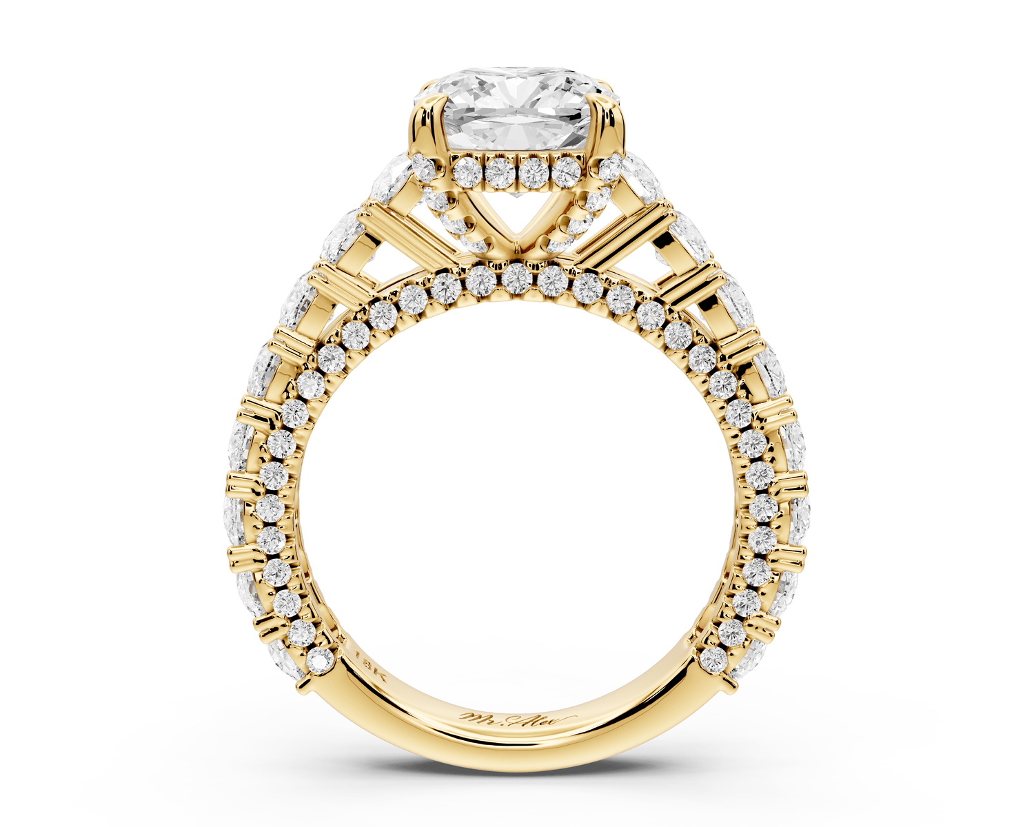 Ivy - 2ct 18k yellow gold cushion Diamond Crown Cathedral Rollover Pavé Engagement Ring - Mr. Alex Jewelry