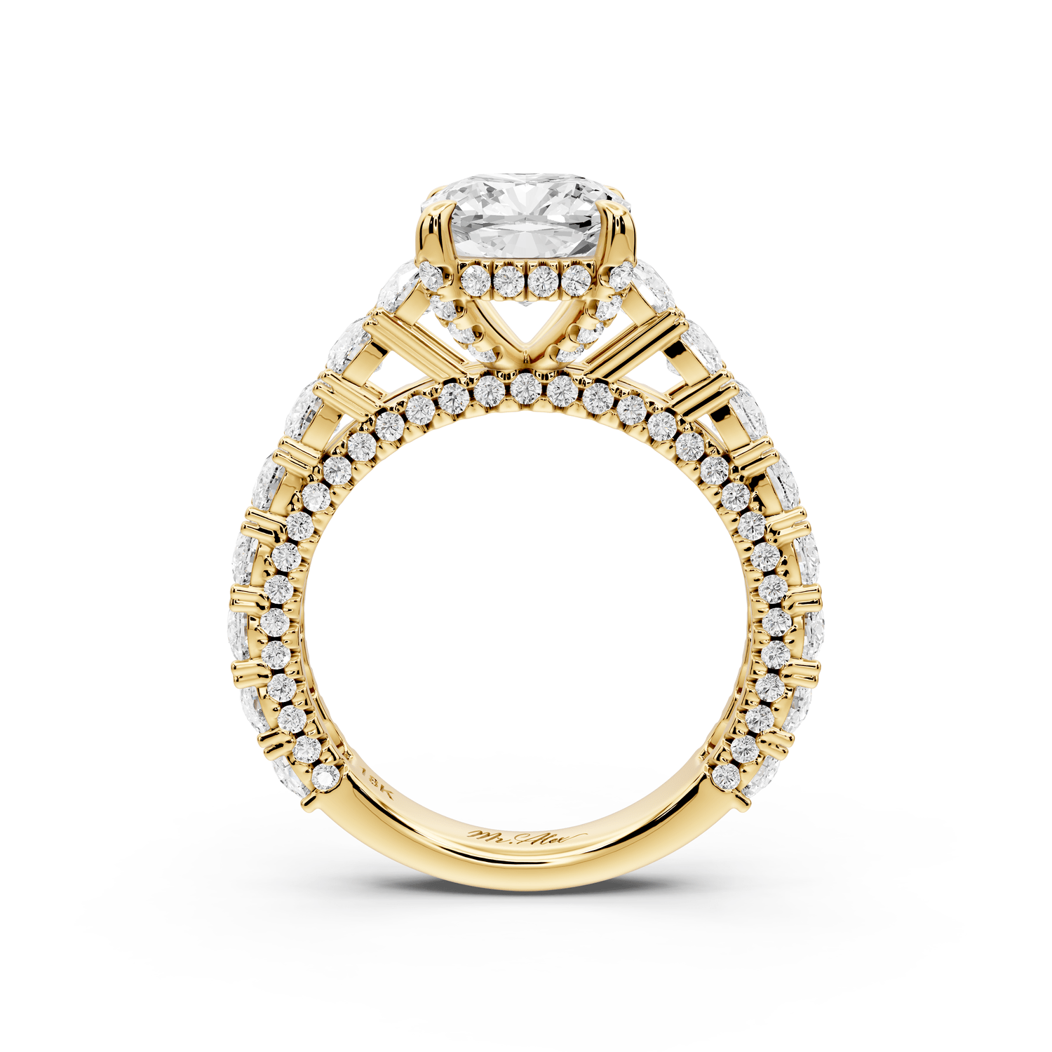 Ivy - 2ct 18k yellow gold cushion Diamond Crown Cathedral Rollover Pavé Engagement Ring - Mr. Alex Jewelry