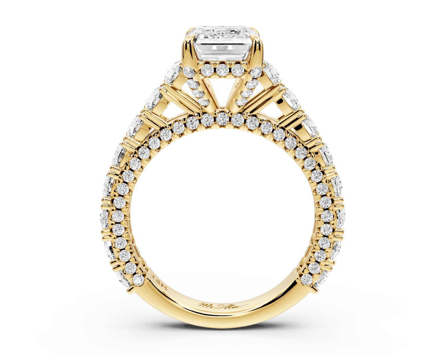 Ivy - 2ct 18k yellow gold emerald Diamond Crown Cathedral Rollover Pavé Engagement Ring - Mr. Alex Jewelry