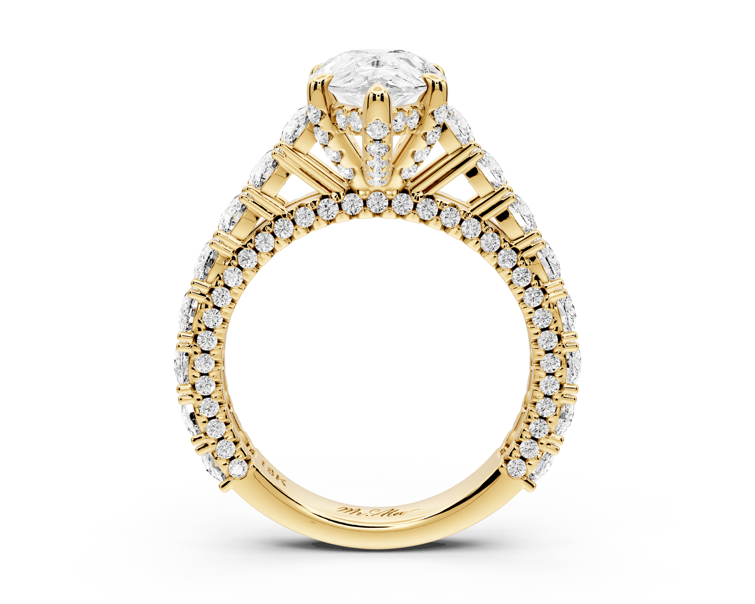 Ivy - 2ct 18k yellow gold pear Diamond Crown Cathedral Rollover Pavé Engagement Ring - Mr. Alex Jewelry