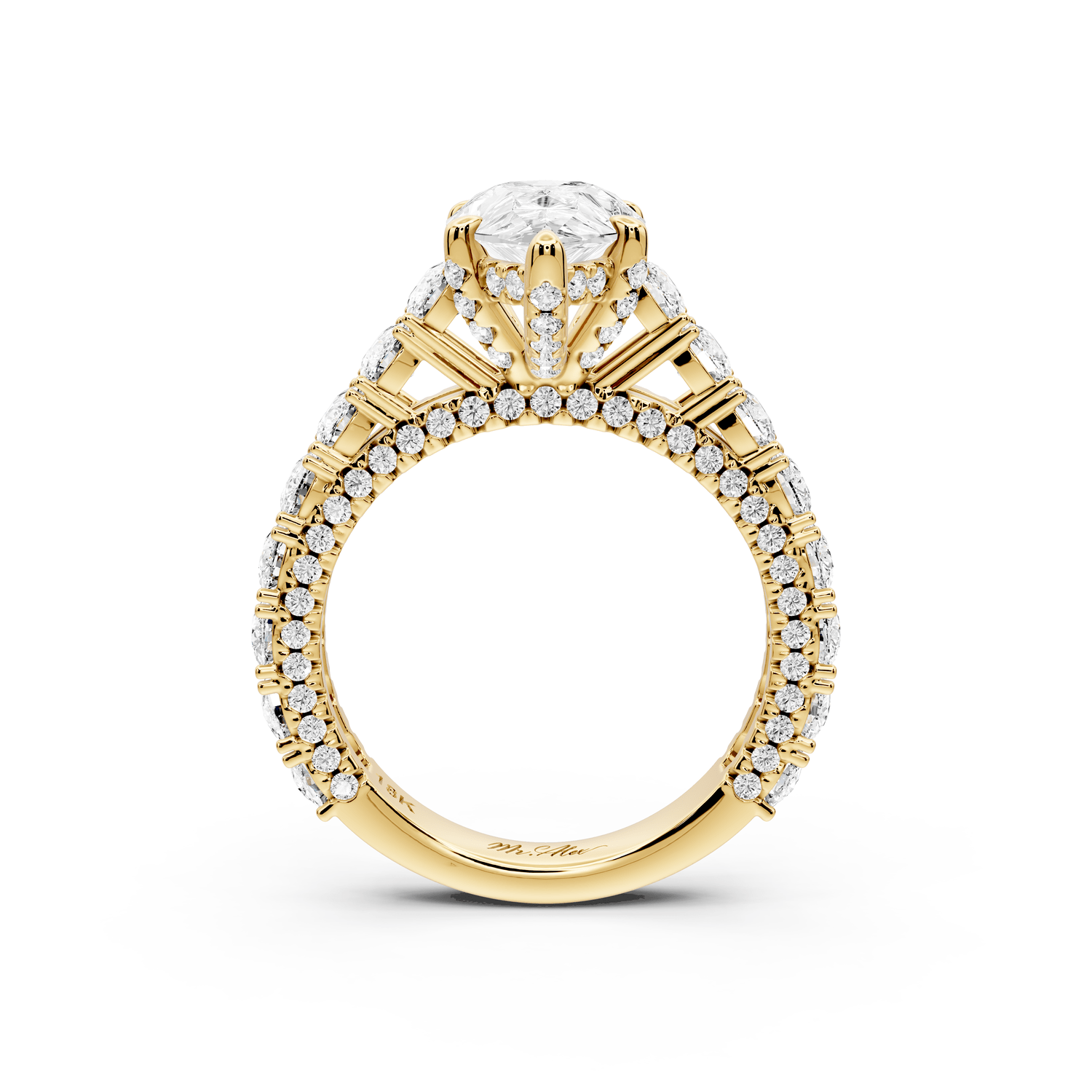 Ivy - 2ct 18k yellow gold pear Diamond Crown Cathedral Rollover Pavé Engagement Ring - Mr. Alex Jewelry