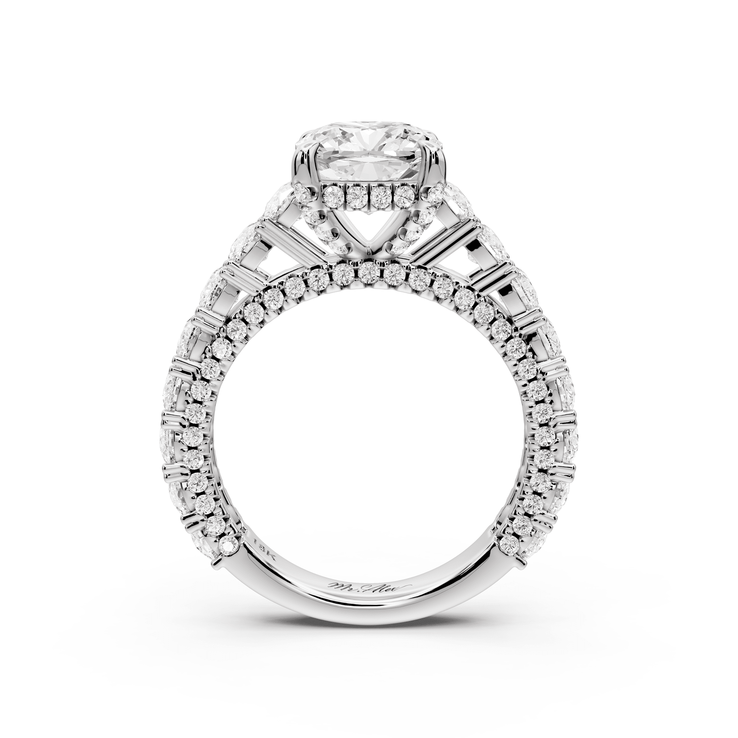 Ivy - 2ct platinum cushion Diamond Crown Cathedral Rollover Pavé Engagement Ring - Mr. Alex Jewelry