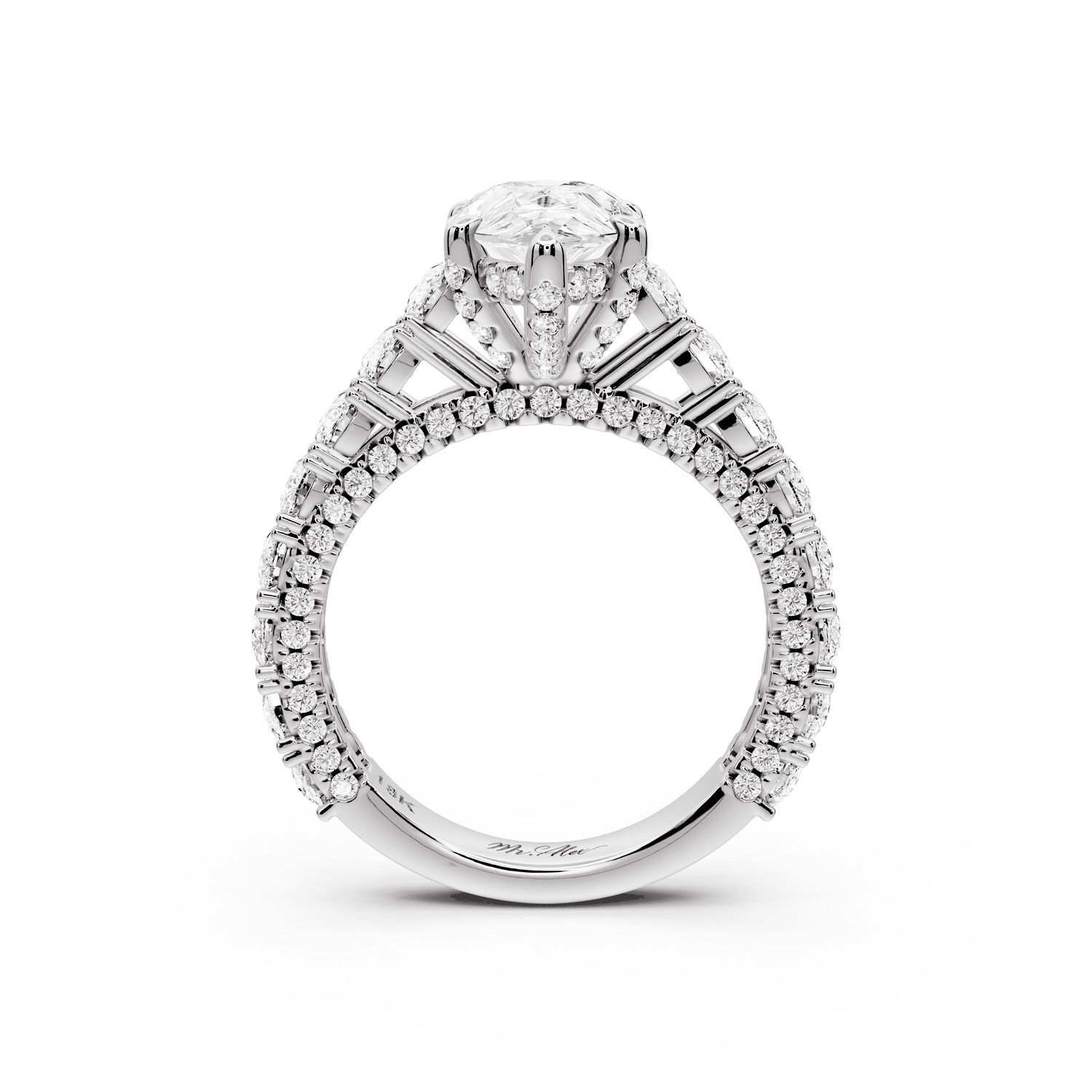 Ivy - 2ct platinum pear Diamond Crown Cathedral Rollover Pavé Engagement Ring - Mr. Alex Jewelry