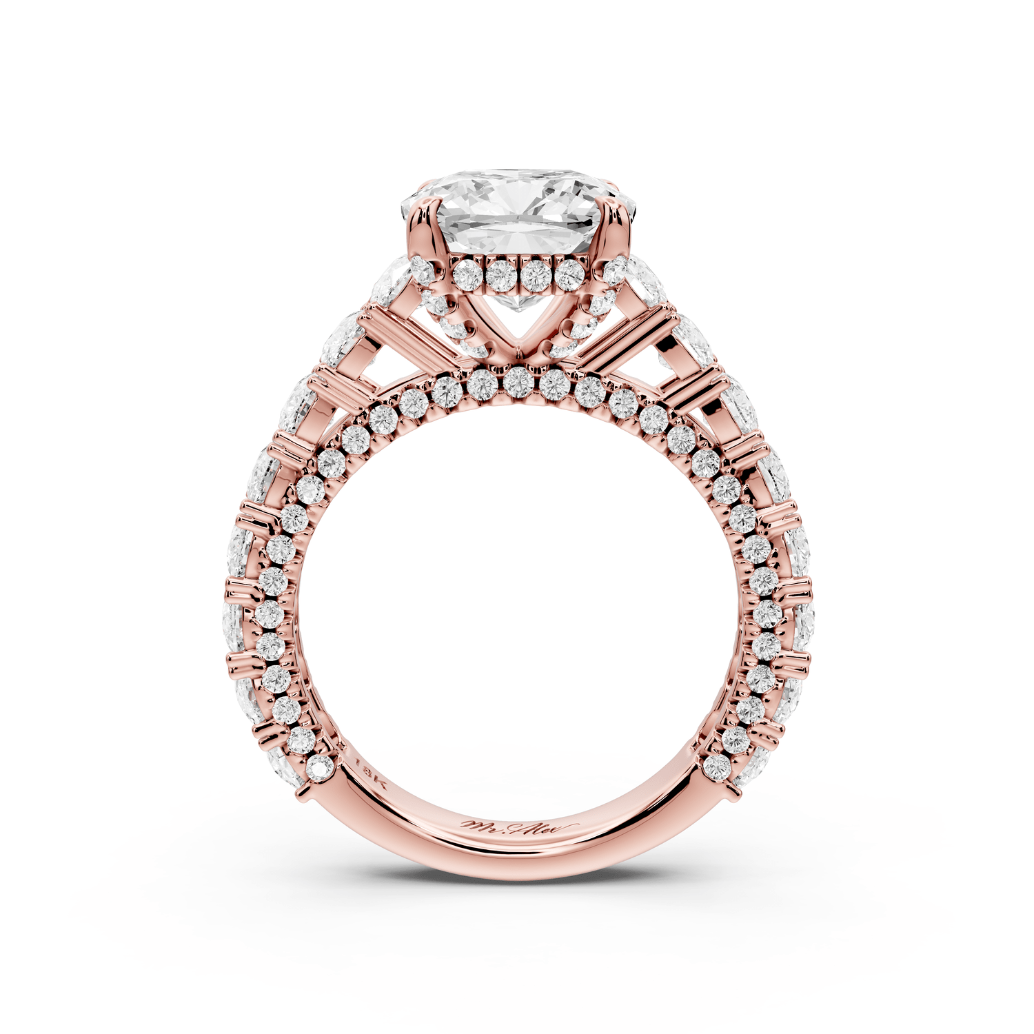 Ivy - 3ct 14k rose gold cushion Diamond Crown Cathedral Rollover Pavé Engagement Ring - Mr. Alex Jewelry