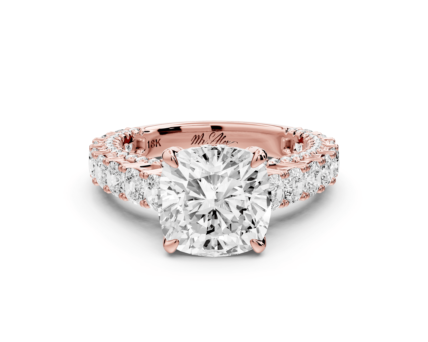Ivy - 3ct 14k rose gold cushion Diamond Crown Cathedral Rollover Pavé Engagement Ring - Mr. Alex Jewelry