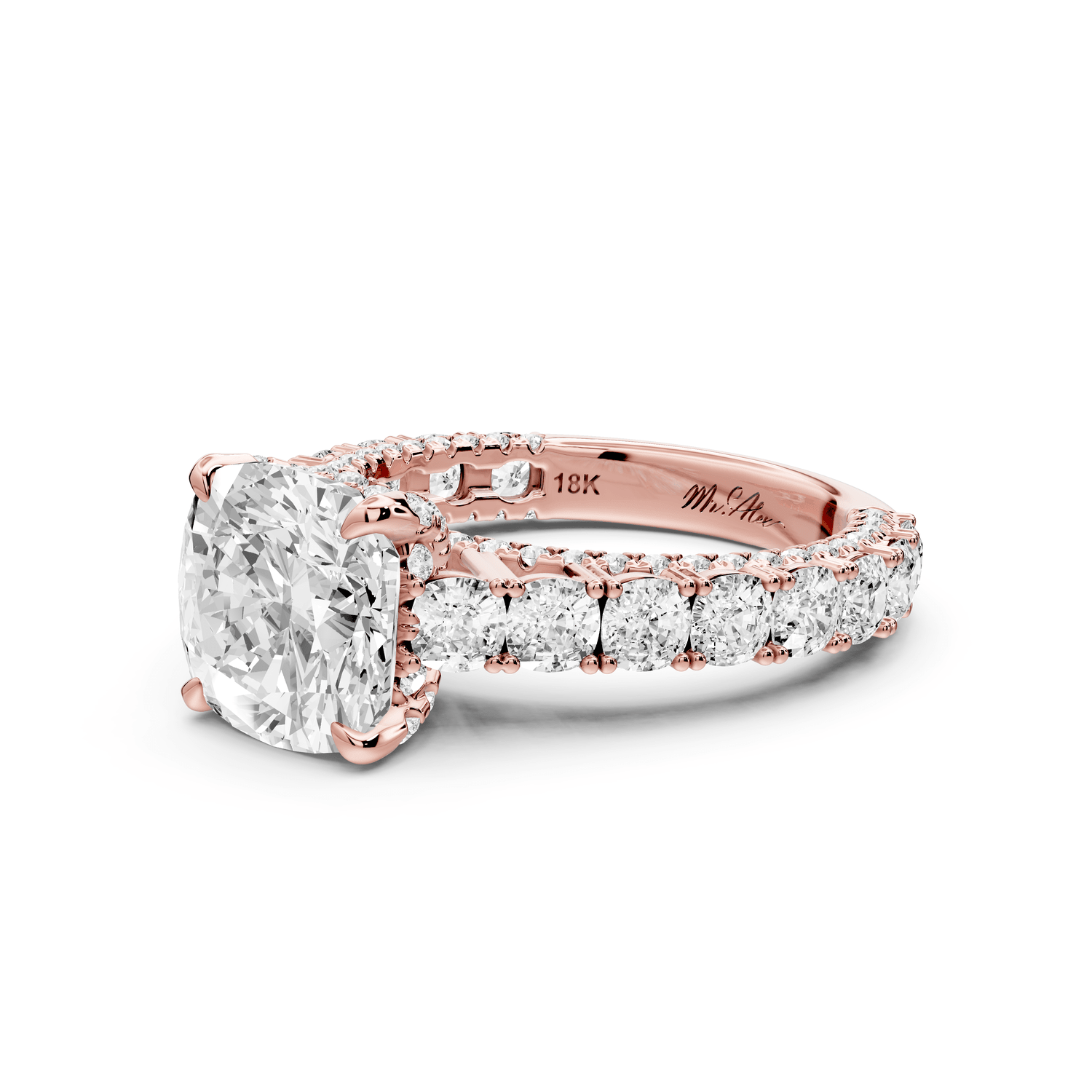 Ivy - 3ct 14k rose gold cushion Diamond Crown Cathedral Rollover Pavé Engagement Ring - Mr. Alex Jewelry